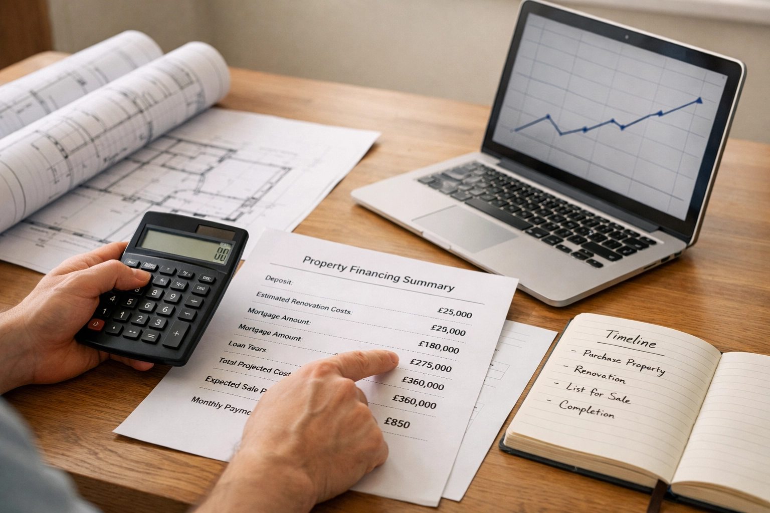 Property developer's desk with financial charts, blueprints and funding calculations
