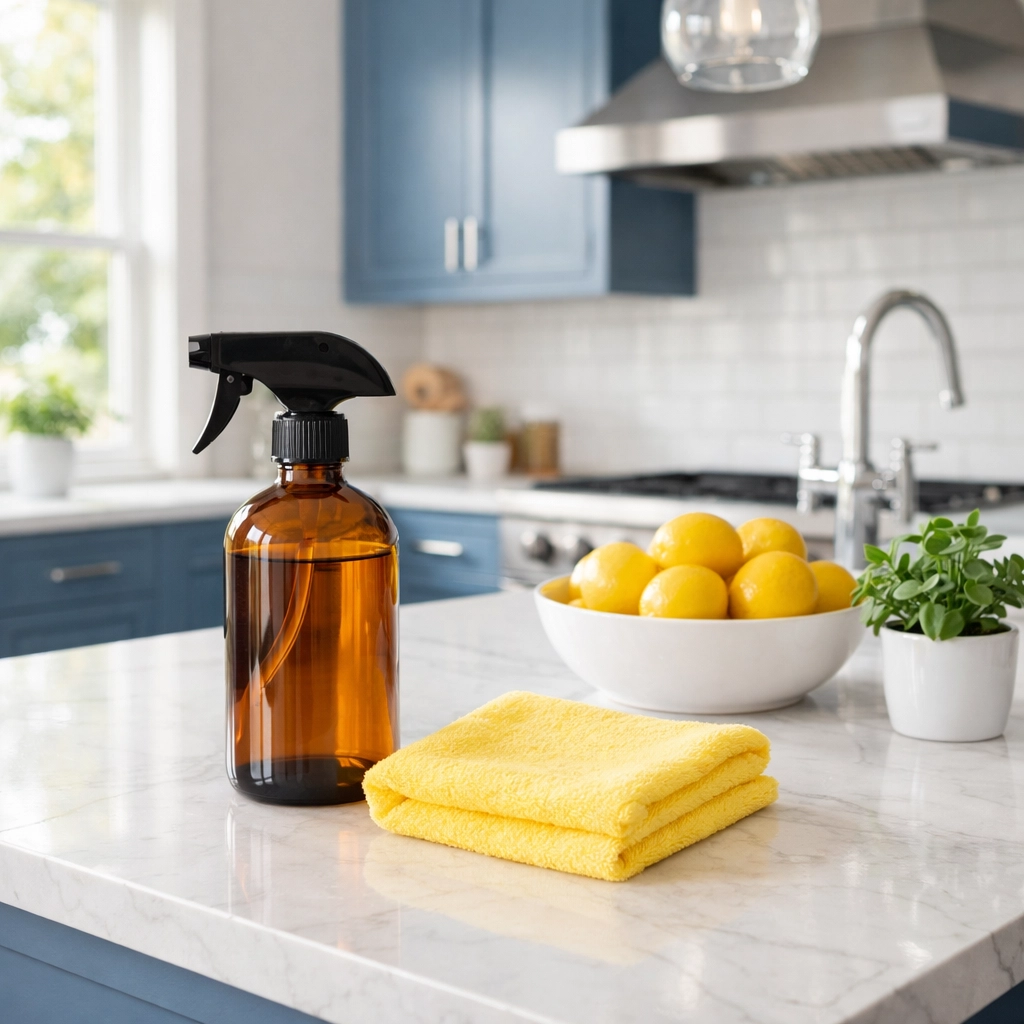 Eco-friendly house cleaning MA in a modern kitchen with a spray bottle and microfiber cloth.