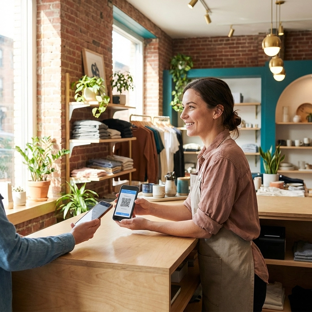 Small business owner accepting Web3 QR code crypto payment in a modern boutique, simplifying POS costs