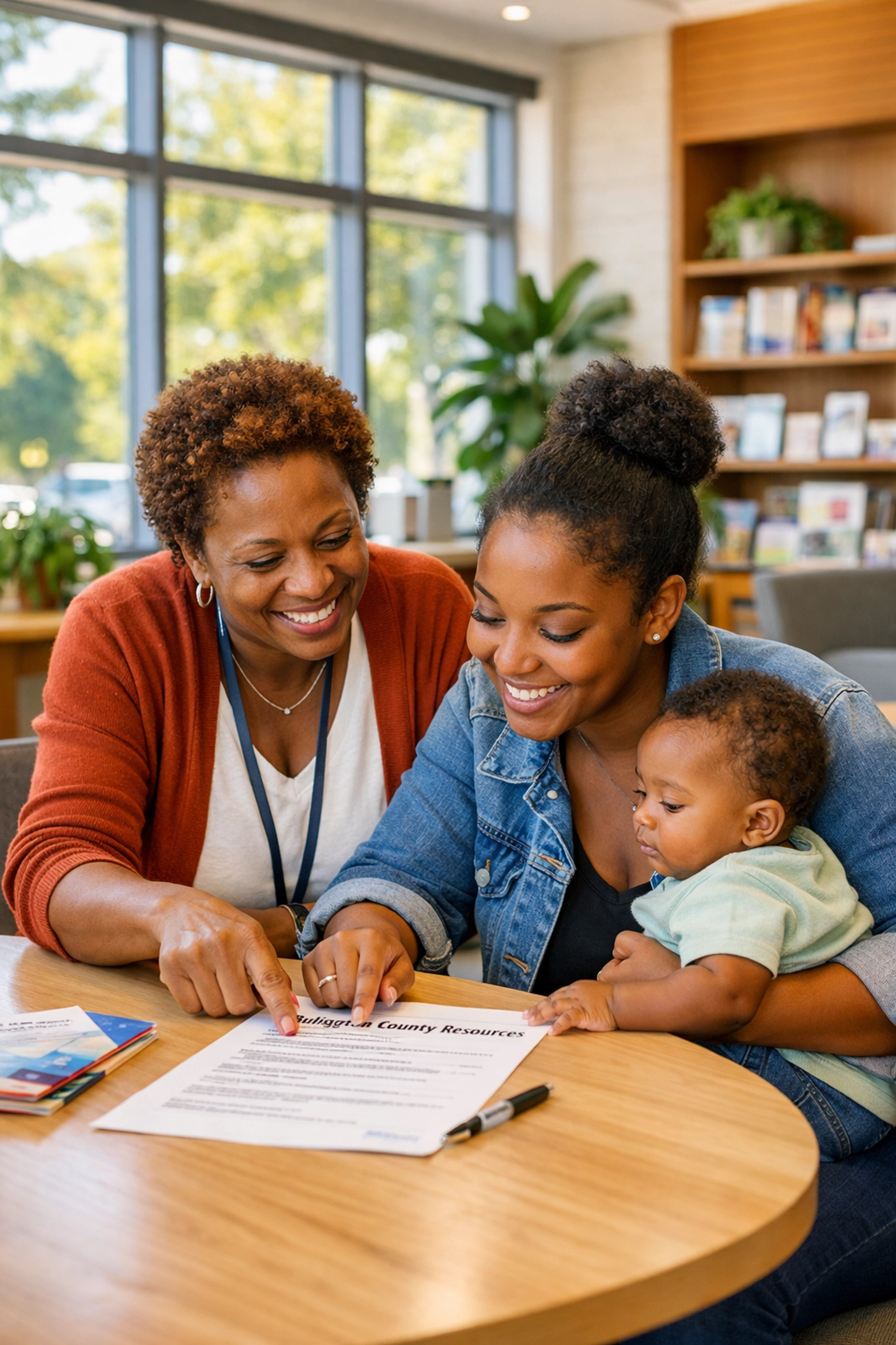 Counselor helping a woman with rent assistance resources in a Burlington County housing hub.