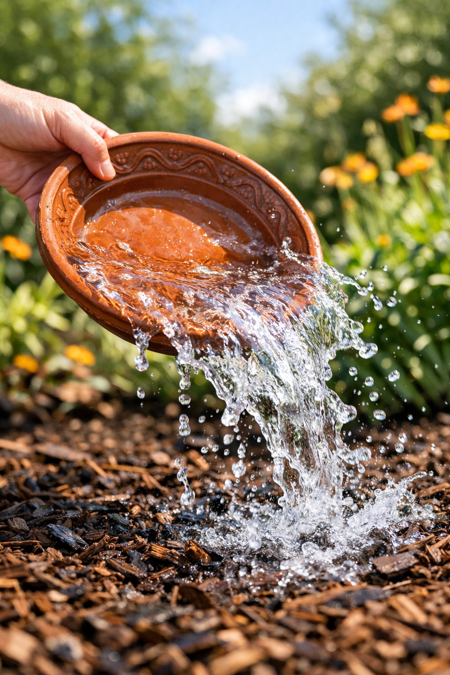 Emptying standing water from a saucer to prevent mosquitoes from breeding in the backyard.