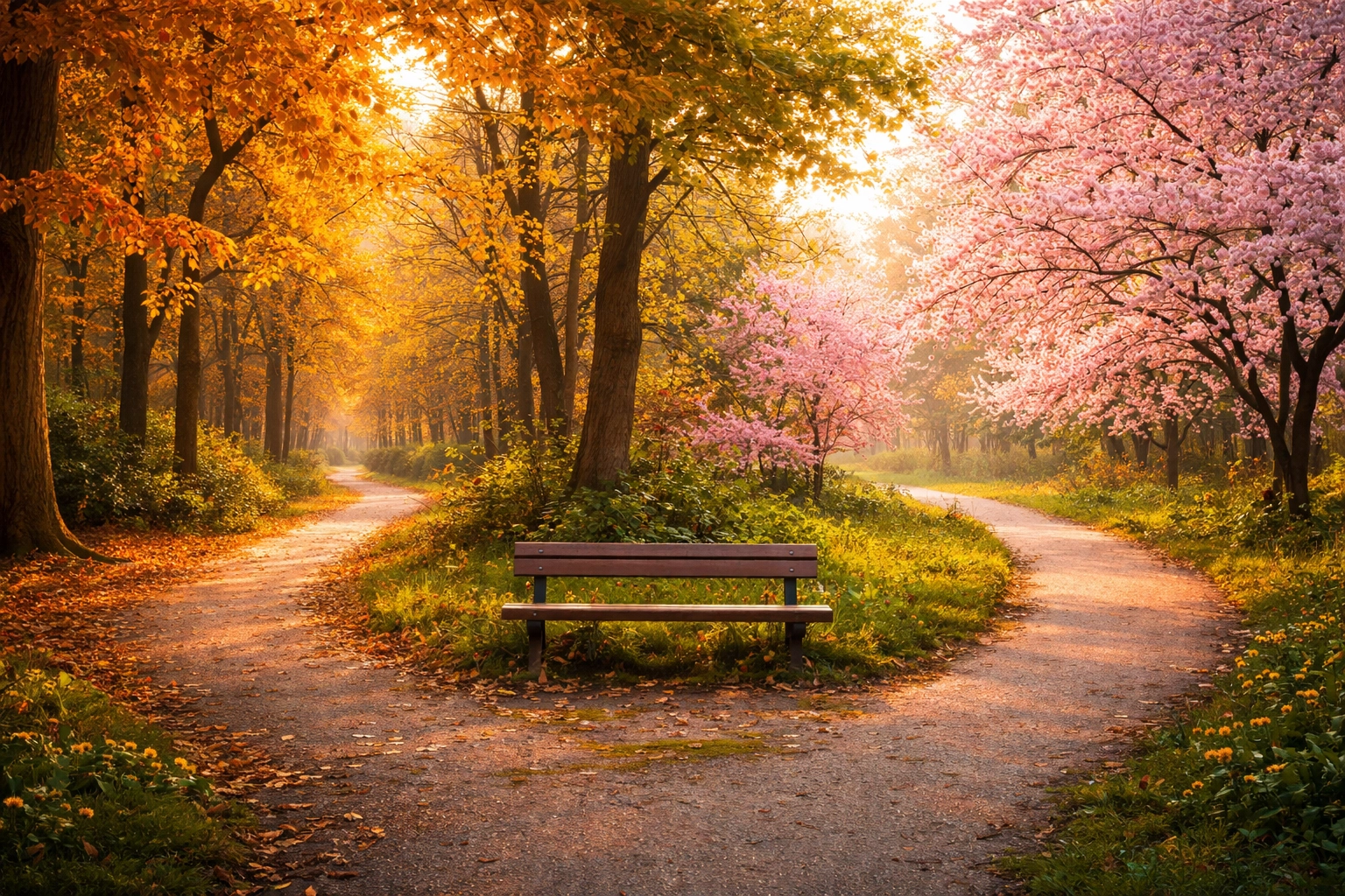 Sunlit park with two paths diverging, symbolizing co-parenting app choices for custody lawyers in Fredericksburg VA