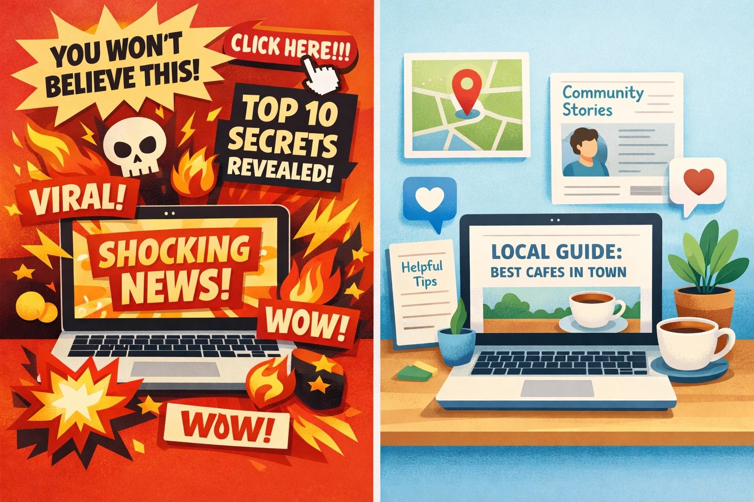 Comparison of sensational clickbait content versus authentic expert content strategies