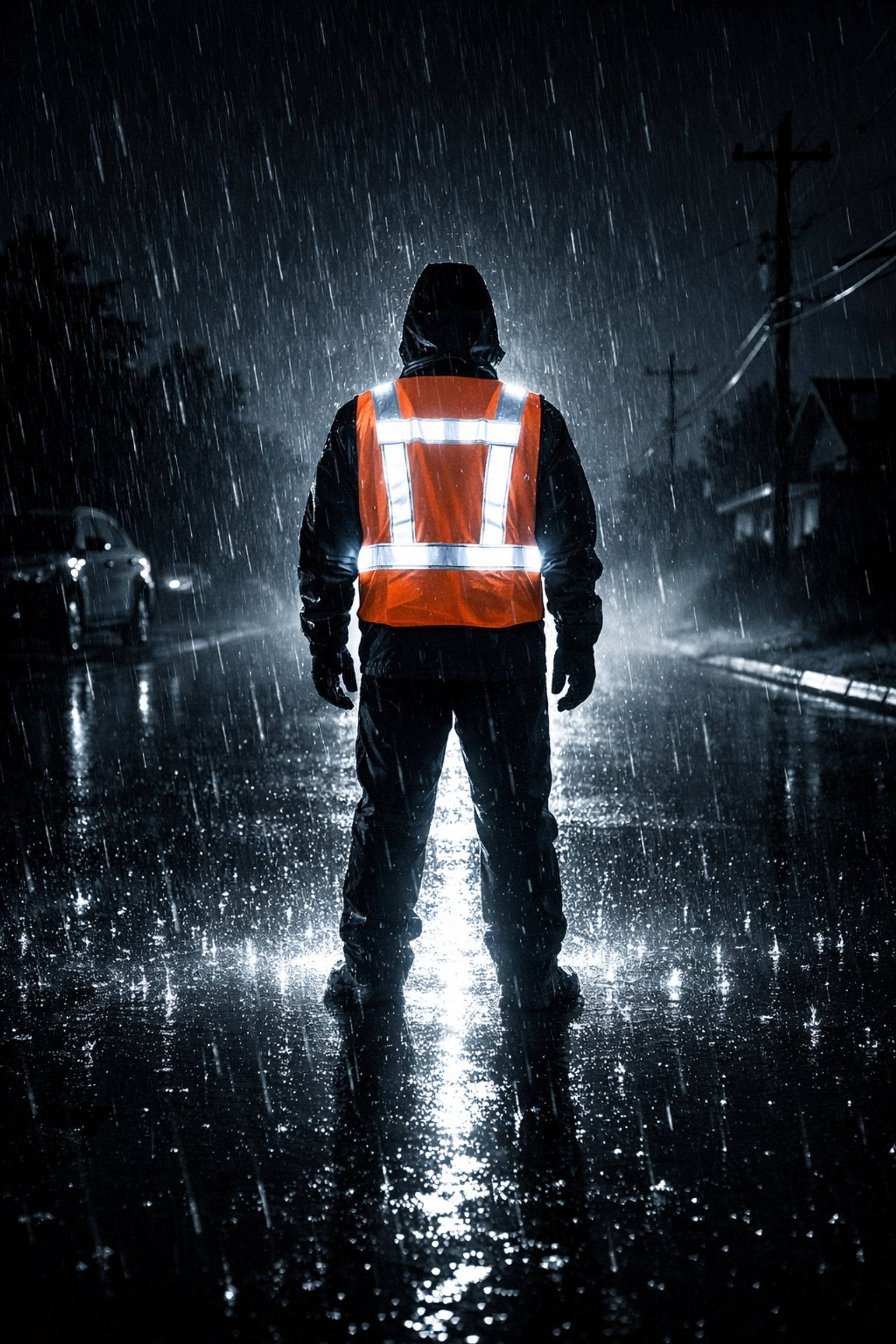 Person wearing a high-visibility LED safety vest with white lights during a dark hurricane power outage.