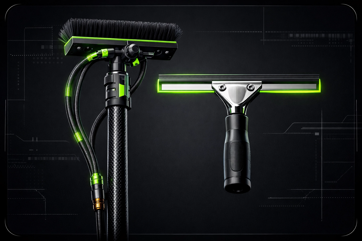 Professional window cleaning equipment including a water-fed pole and squeegee for expert glass maintenance.