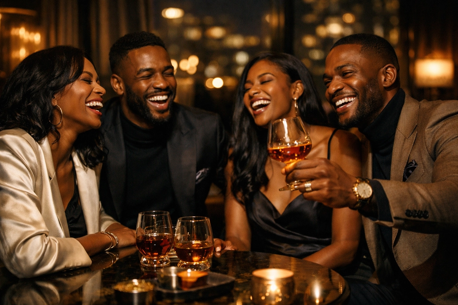 Friends sharing a toast at an exclusive Black Box Entertainment luxury hospitality event.