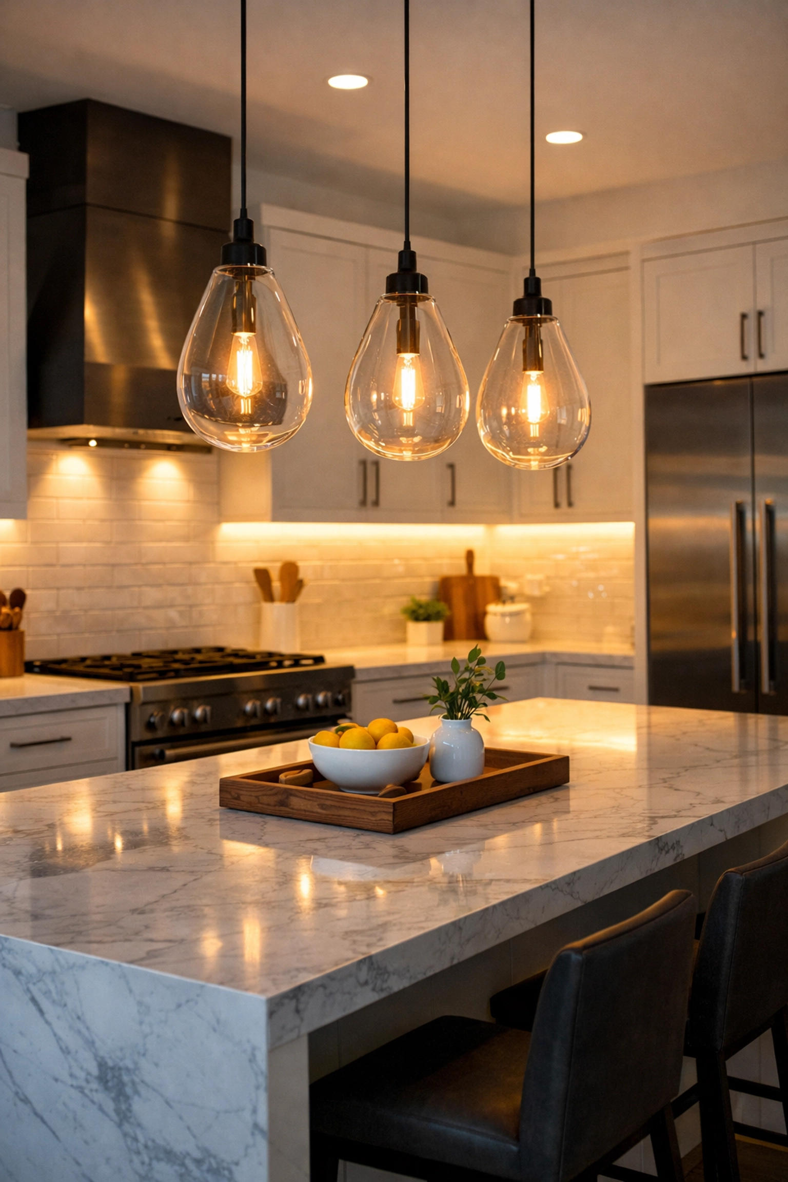 Sophisticated kitchen lighting design with glass pendants and under-cabinet LEDs in a Scottsdale home.