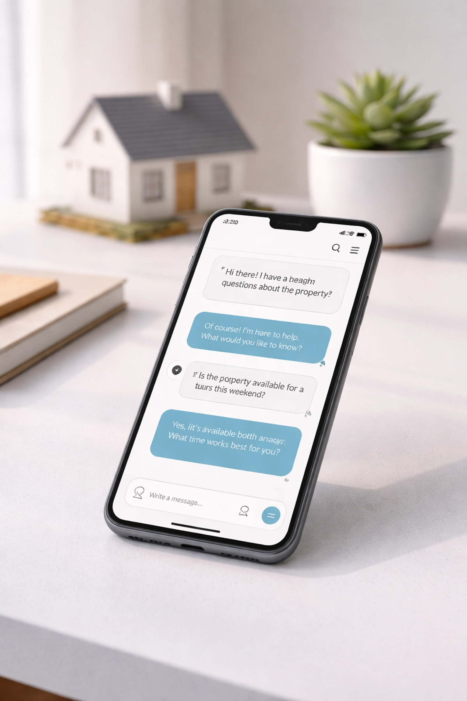 Smartphone on desk showing AI chatbot handling renter inquiries for property management efficiency