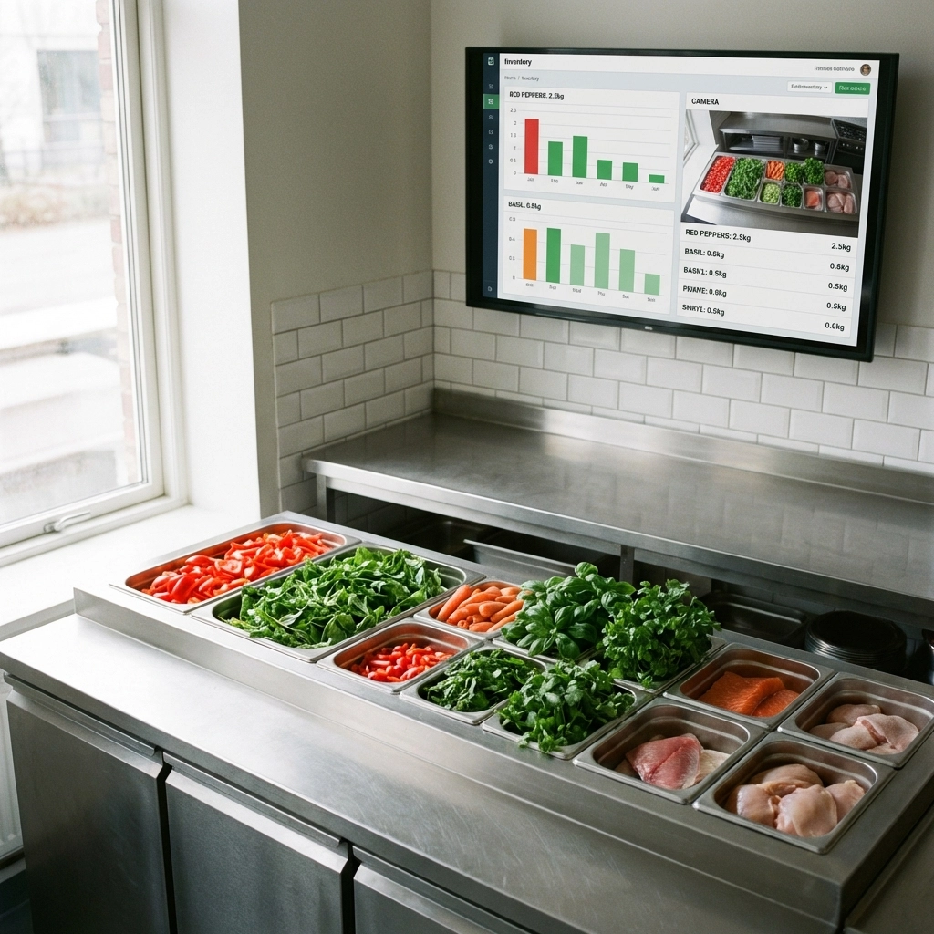 Kitchen prep station with fresh ingredients and a digital inventory screen, illustrating AI-powered inventory management.