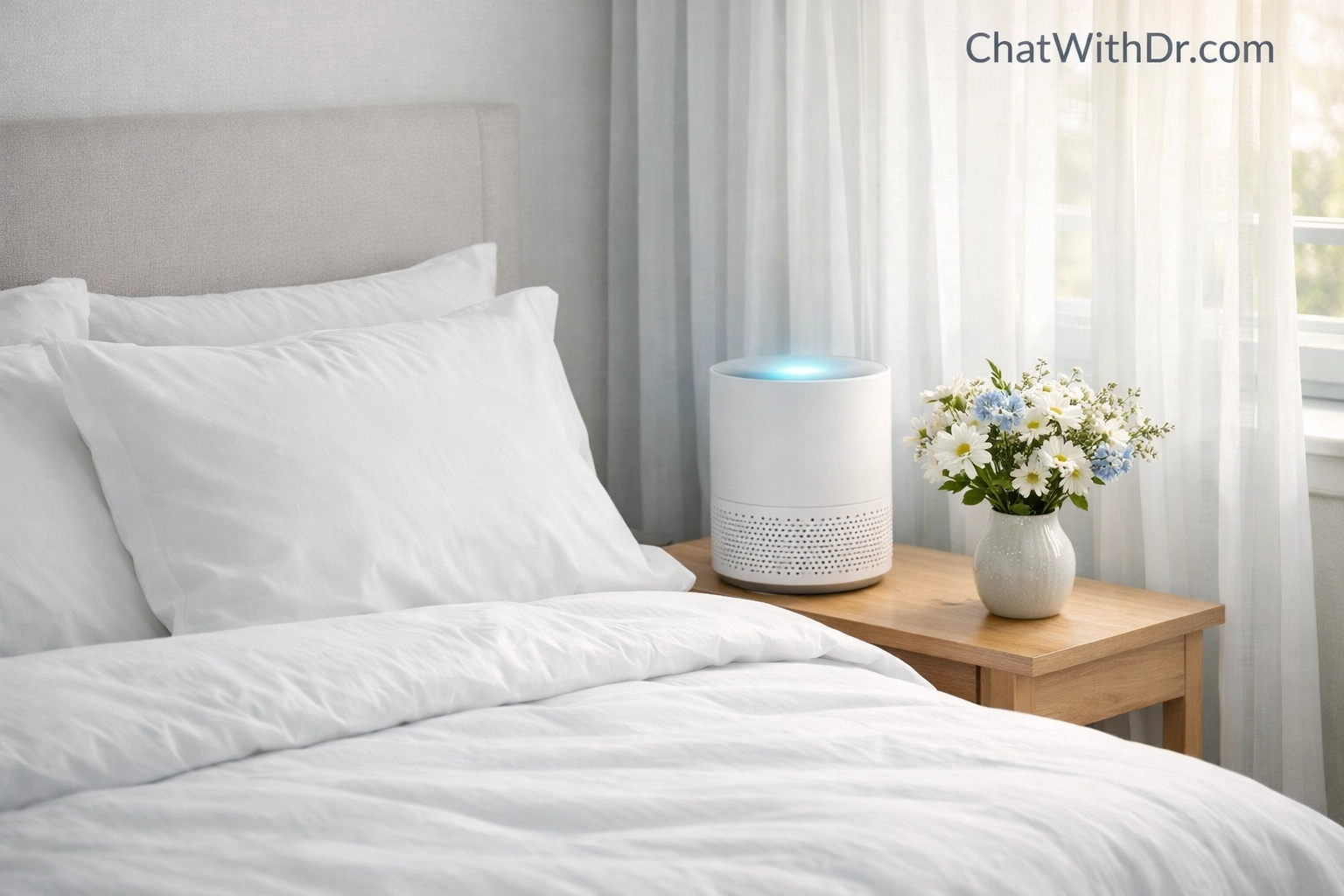 Allergen-free bedroom with air purifier for managing seasonal allergies