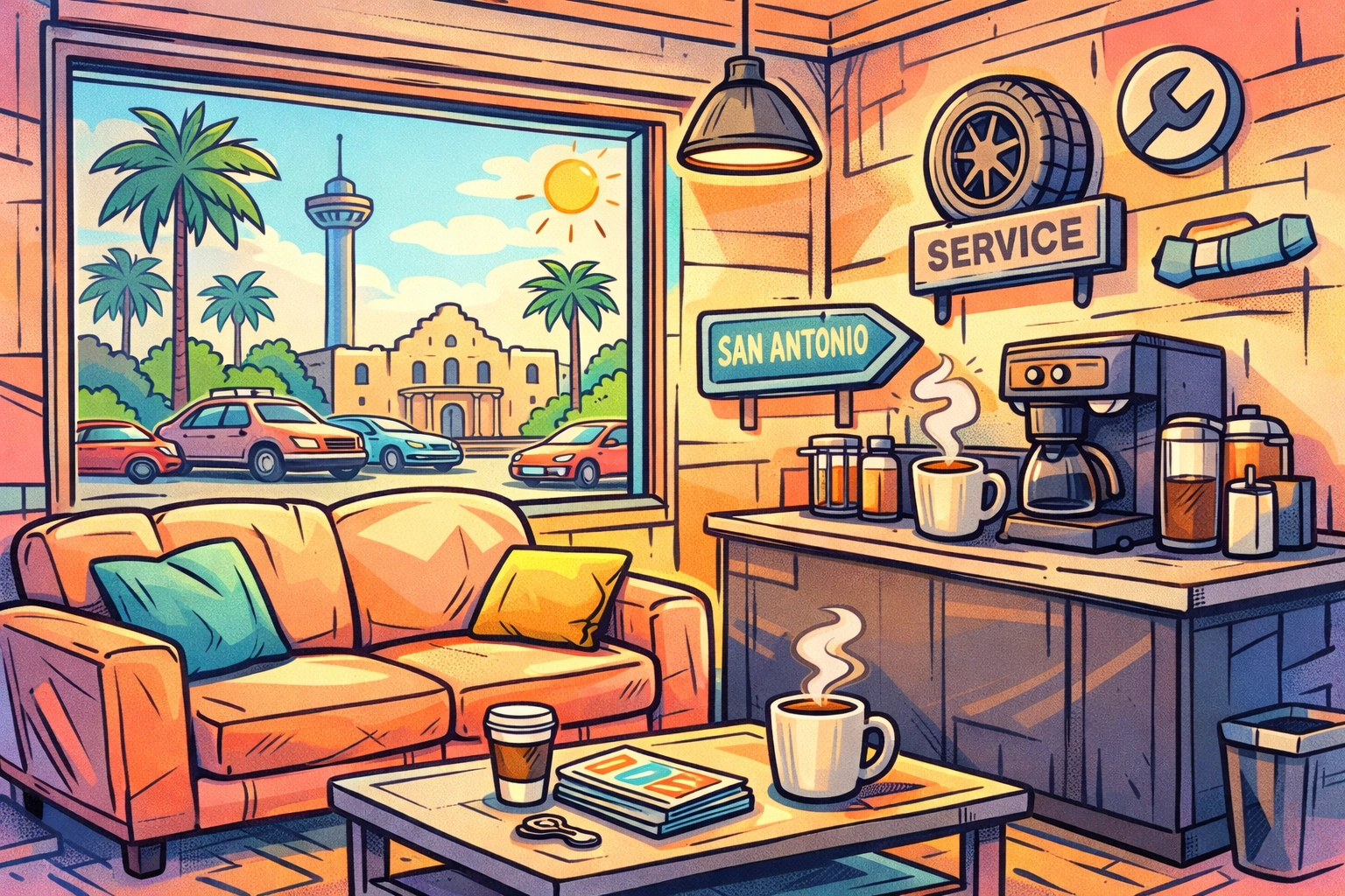 A clean and comfortable customer waiting area at a trustworthy mechanic shop in San Antonio.