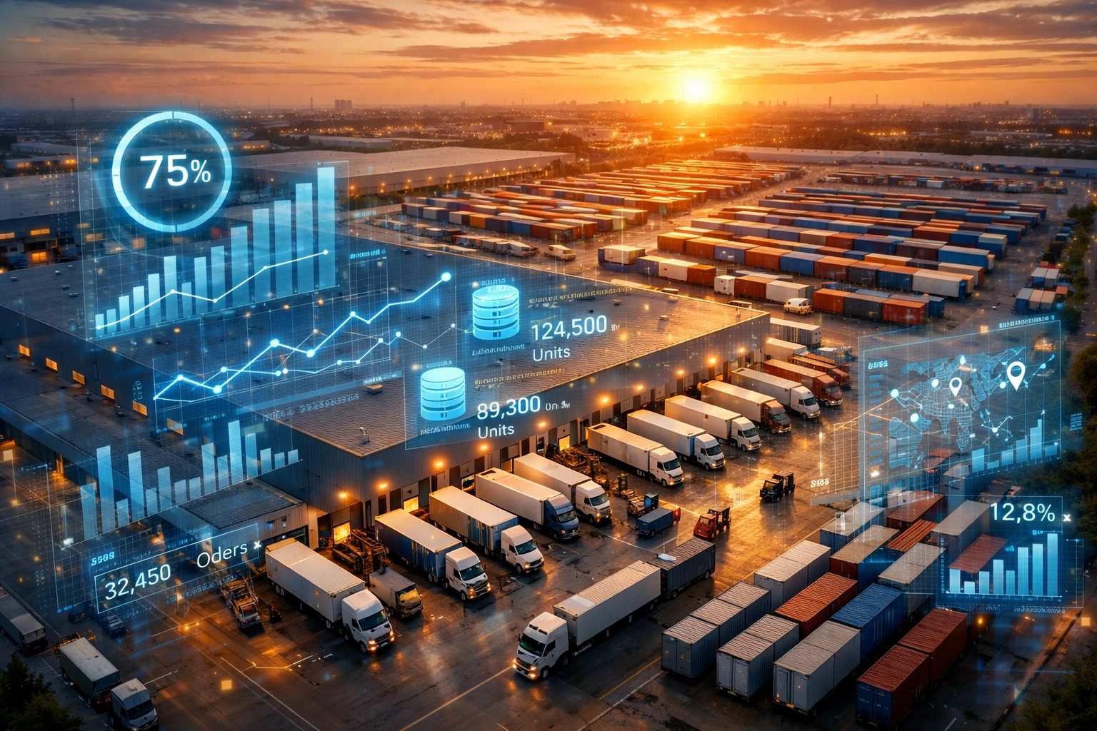 Modernes Logistikzentrum mit KI-Überwachung der Lieferketten und Predictive Analytics