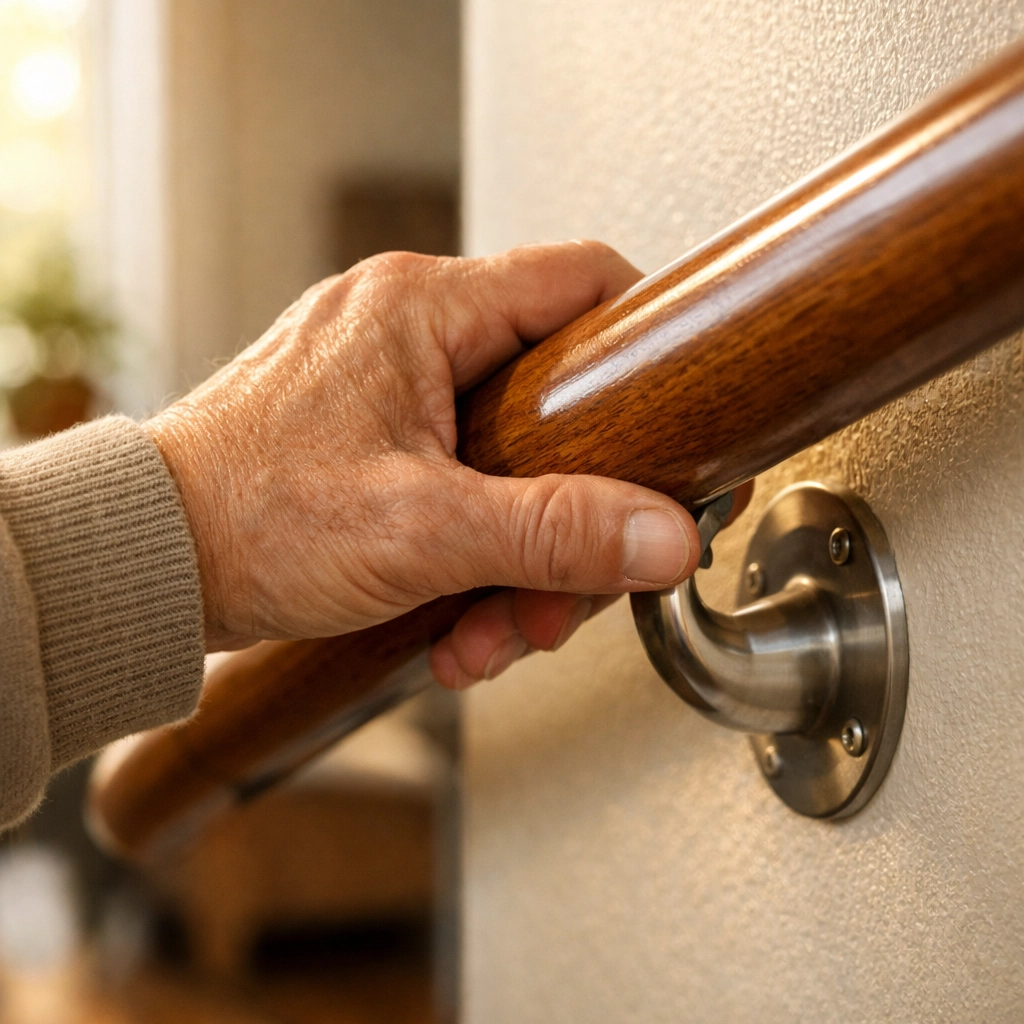 Close-up of a hand securely gripping a sturdy wooden stair handrail for safety.