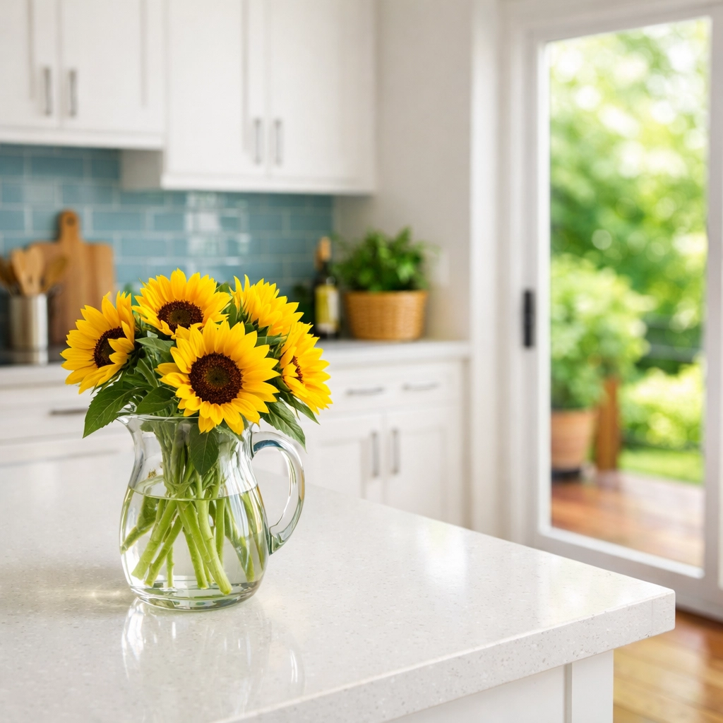 A bright, clean kitchen highlighting eco-friendly home maintenance and weekly house cleaning standards.