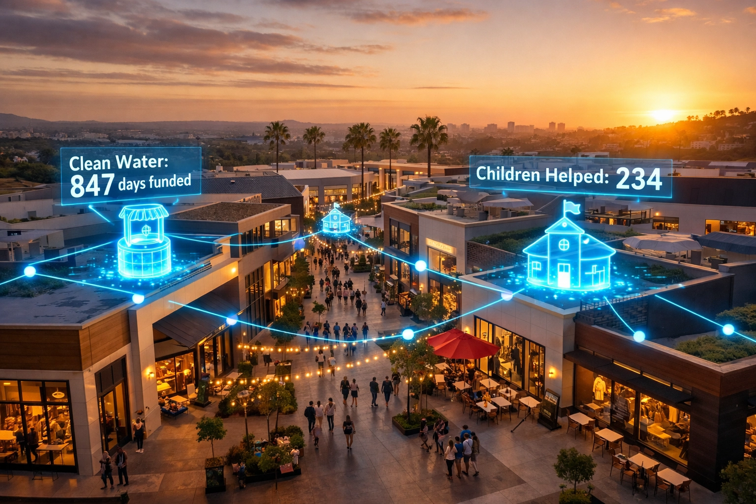 Retail stores showing real-time crypto payment impact metrics for clean water and child welfare