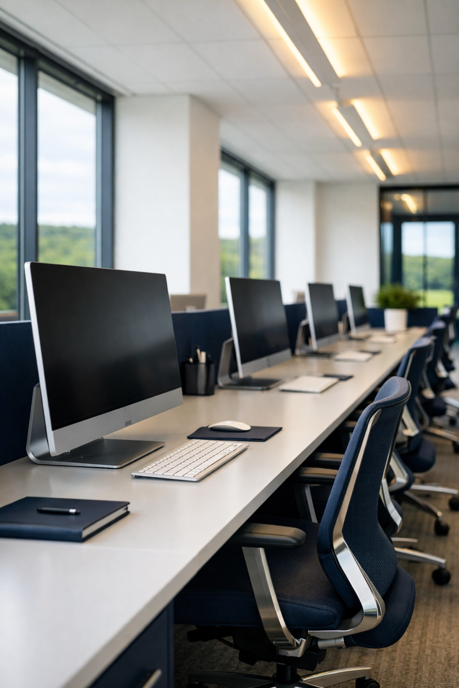 Professionally cleaned modern office workstations in Groton, MA, featuring organized desks and windows.