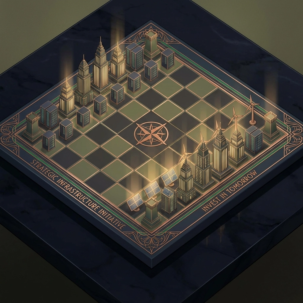 Chessboard featuring skyscrapers, wind turbines, and data centers to symbolize strategic private equity and infrastructure investment.