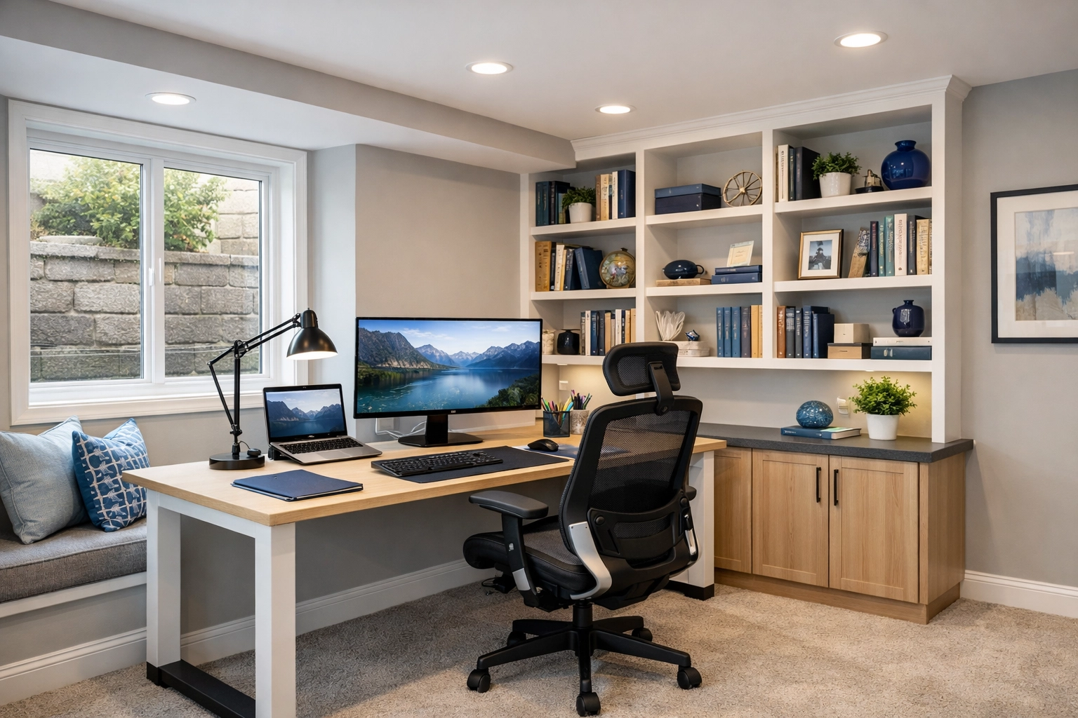 Finished basement home office with desk and shelving in Reading PA