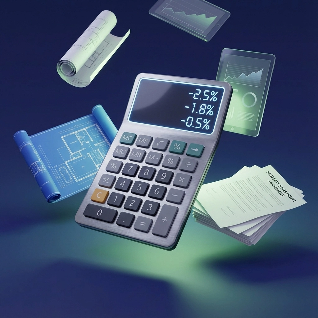 Calculator with blueprints, papers, and graphs on screens float in a dark setting. Numbers displayed: -2.5%, -1.8%, -0.5%.
