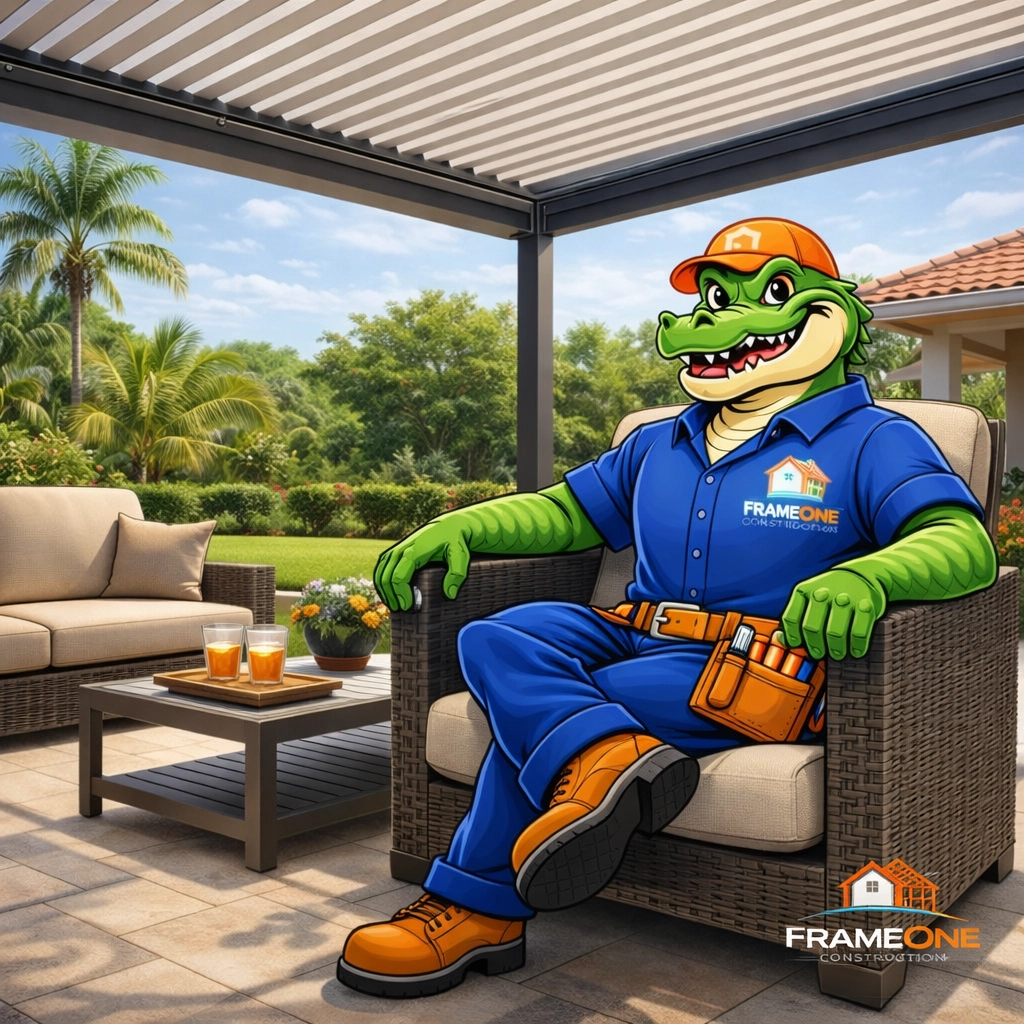 Al E. Gator relaxing under a closed-roof motorized louvered pergola in a comfortable Tampa outdoor living area.