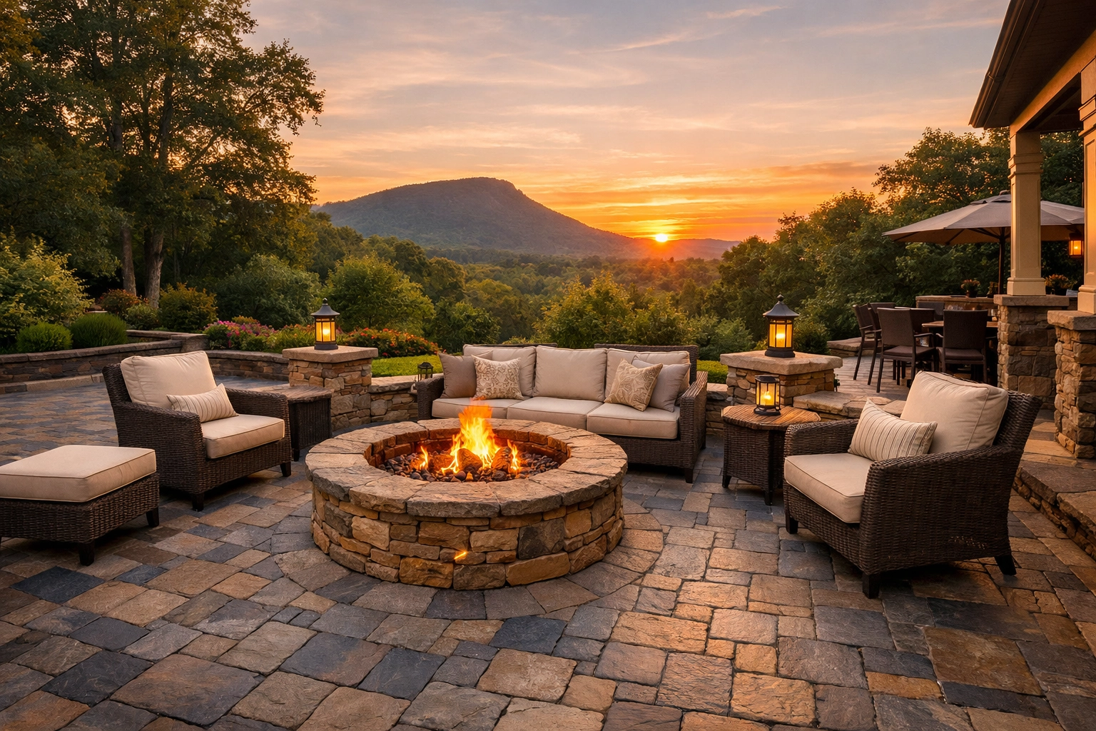 Luxury interlocking paver patio in Chattanooga with a built-in stone fire pit and outdoor seating.