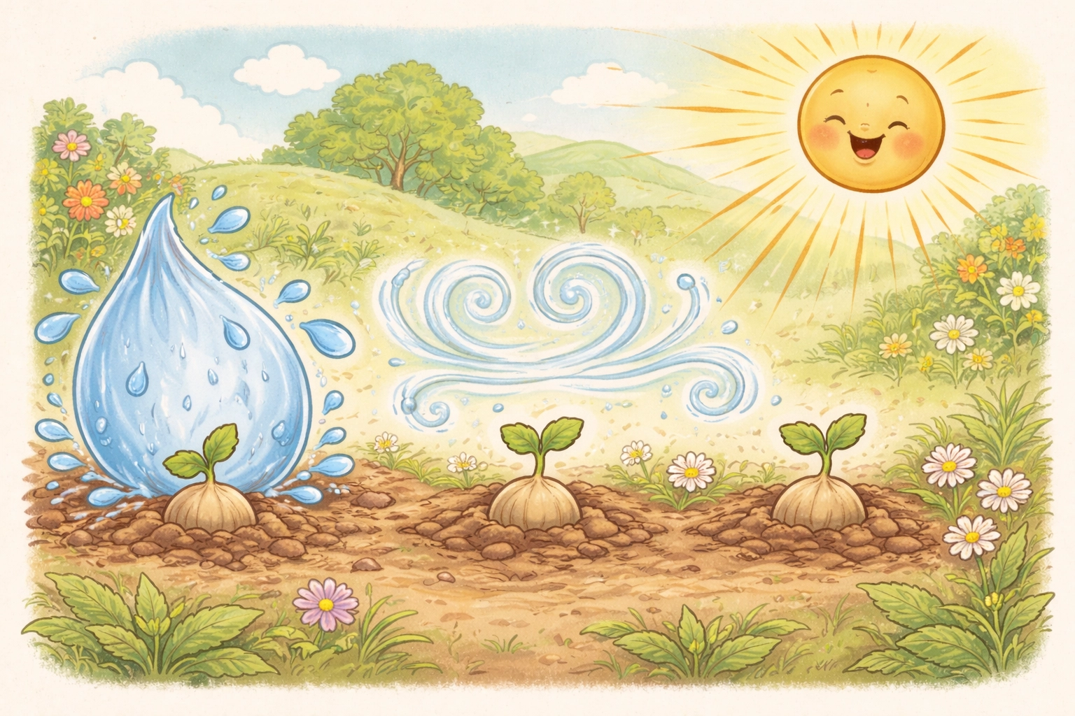 Cartoon seeds enjoying water, sun, and air in a garden, representing seed germination essentials.