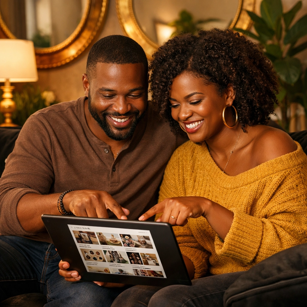 A Black couple using a tablet to Buy Black online from the curated Black Wall Streets marketplace.
