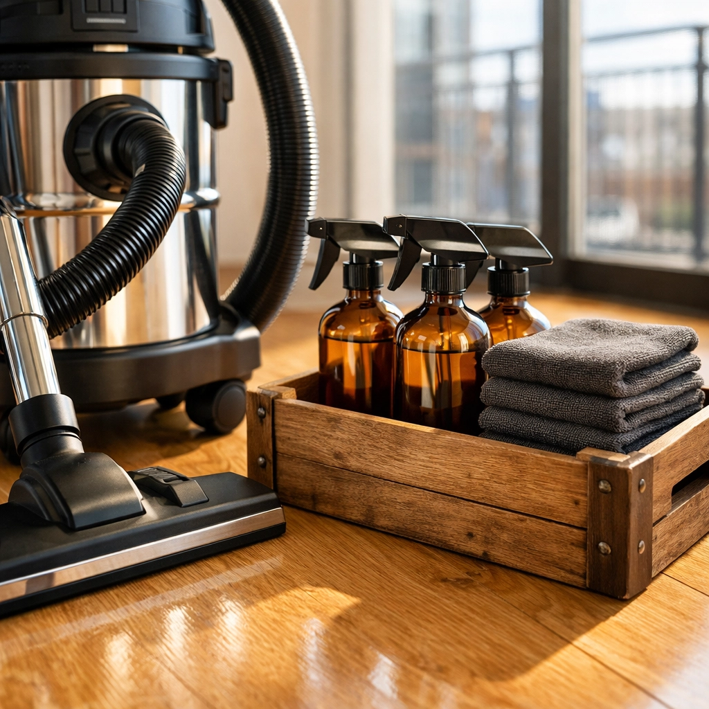 Professional cleaning tools and eco-friendly supplies on a polished floor in an Indianapolis apartment.