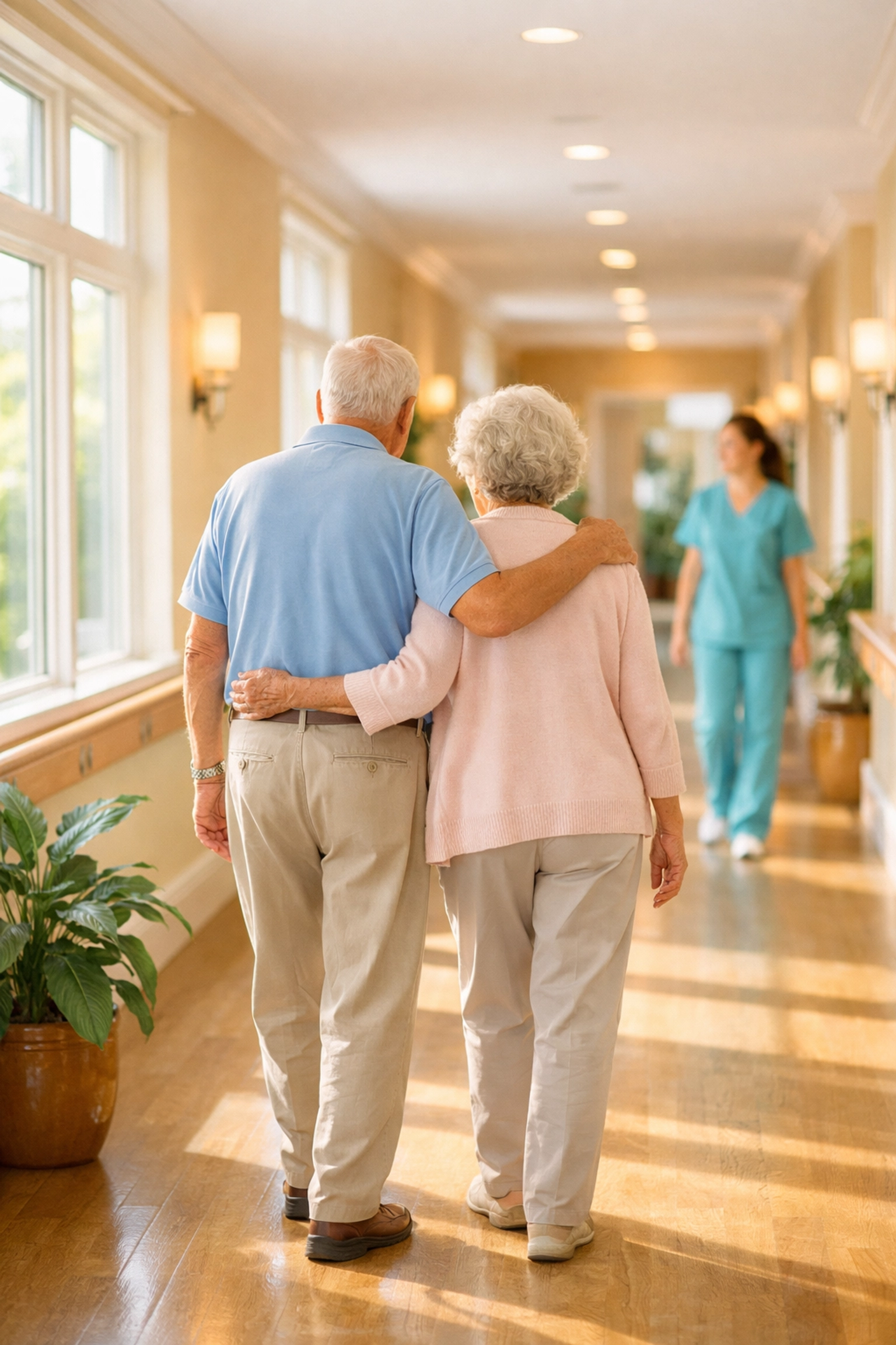 Assisted living hallway in Venice with residents and care staff