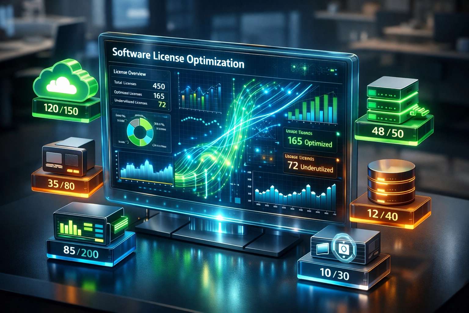 Software license optimization dashboard showing ServiceNow ITAM metrics and utilization analysis