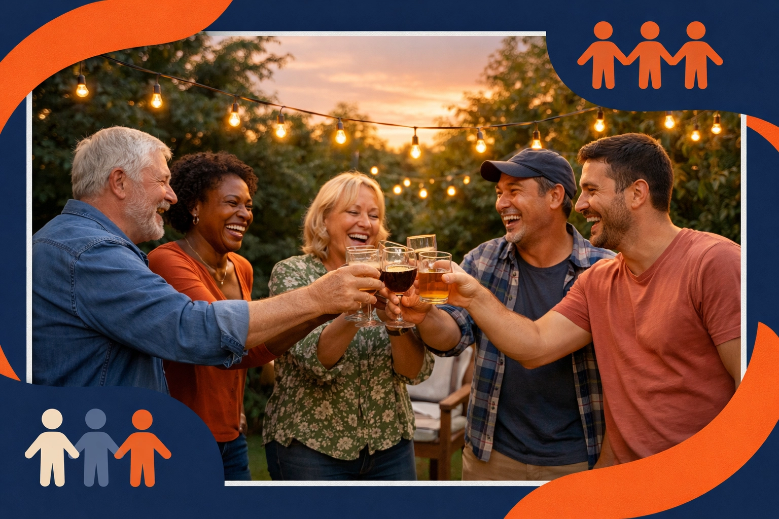Diverse neighbors enjoying a sunset backyard party with string lights in Burlington