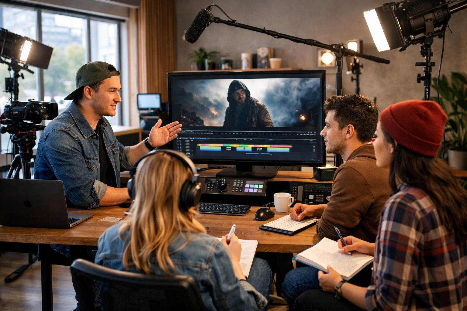 Content creation team reviewing video project in professional studio environment