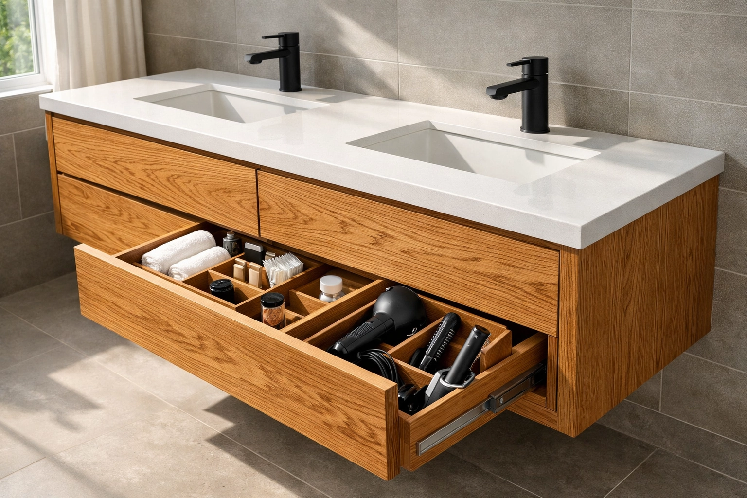 Handcrafted custom bathroom vanity in rift-sawn oak with quartz countertops for a Minnesota renovation.