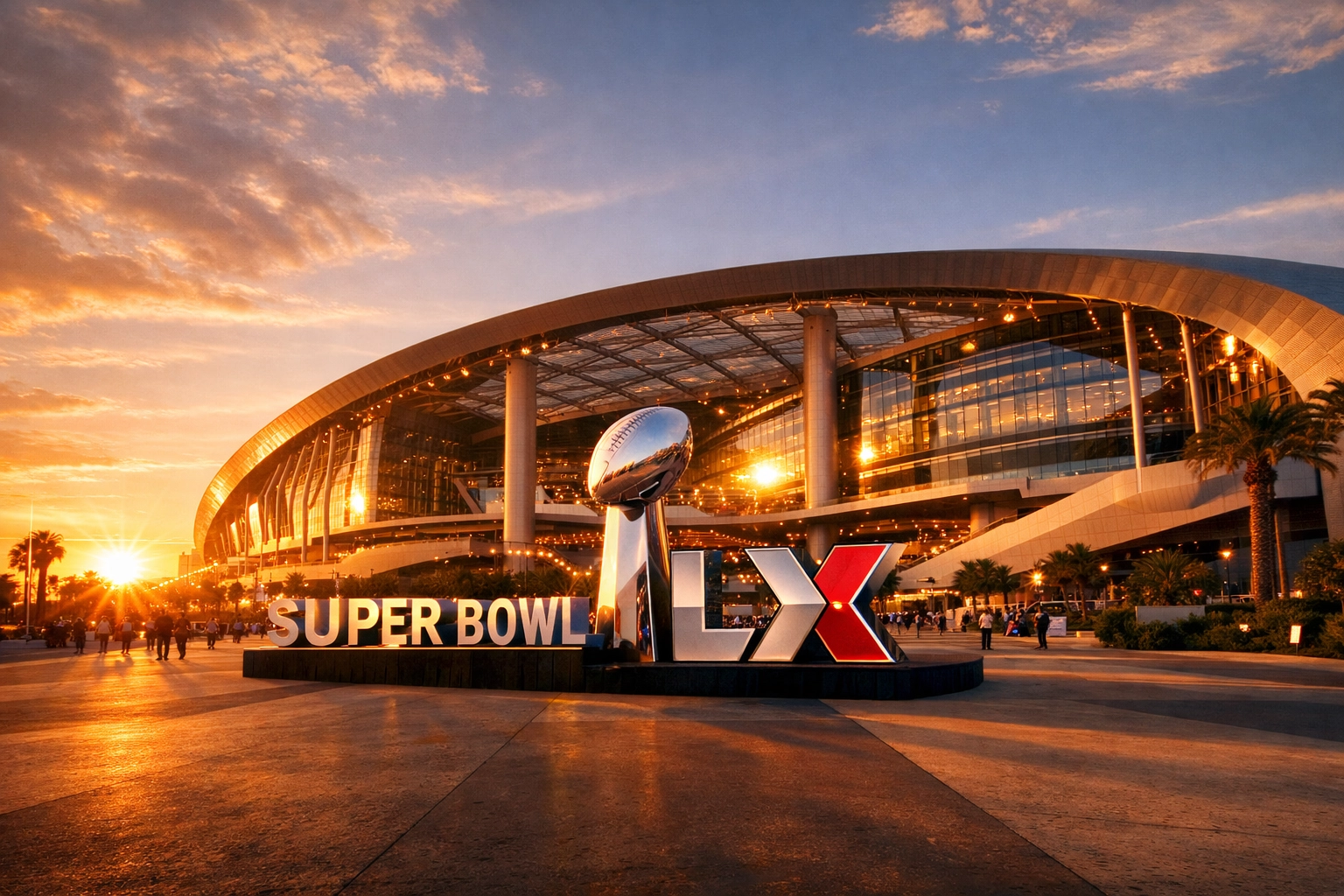Wide view of the modern Levi's Stadium in Santa Clara, host venue for Super Bowl LX in 2026.