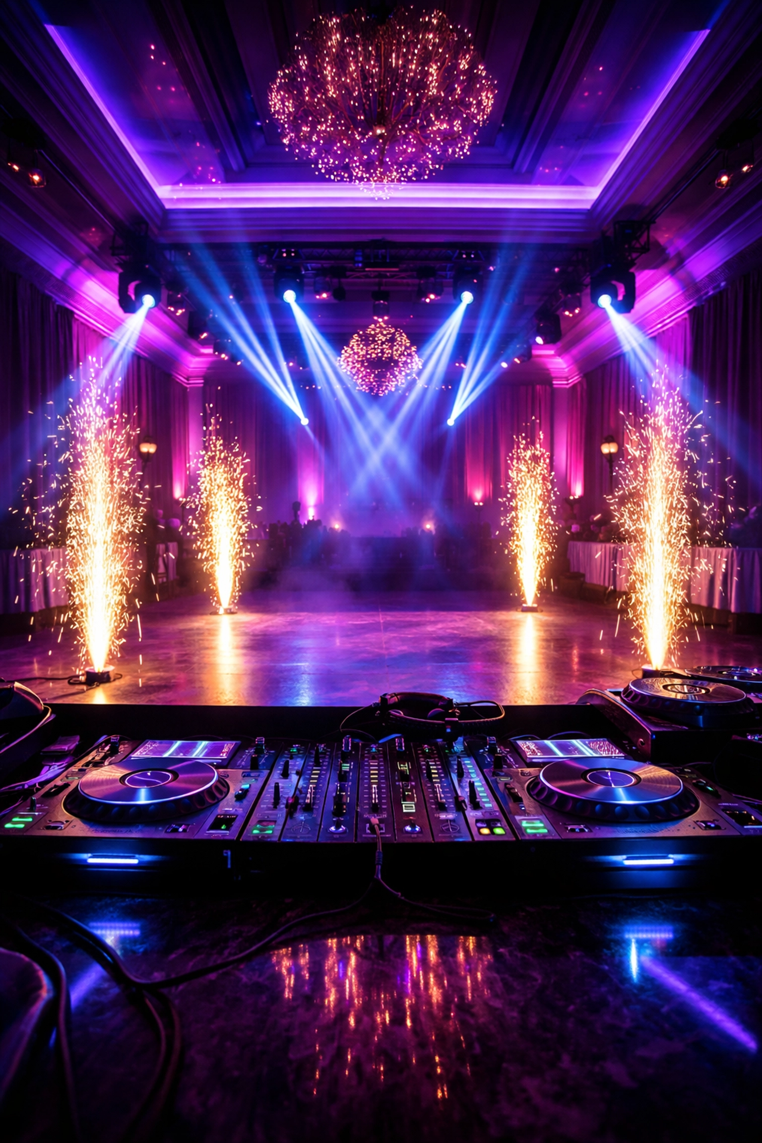 Professional DJ lighting and cold spark effects transform a luxury Atlanta event venue into a vibrant, party atmosphere.