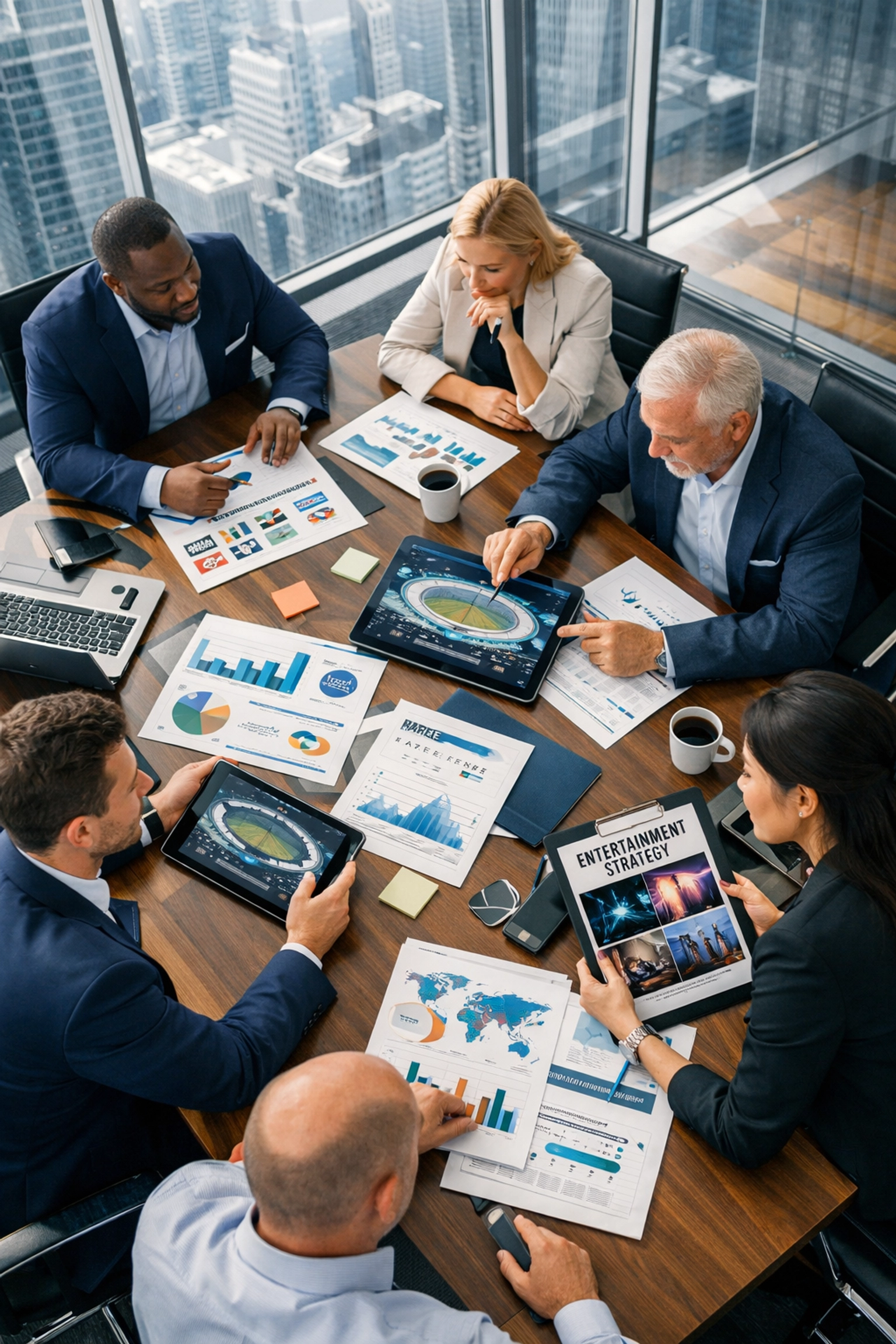 Multi-industry brand strategy meeting with media consulting team reviewing sports and entertainment partnerships