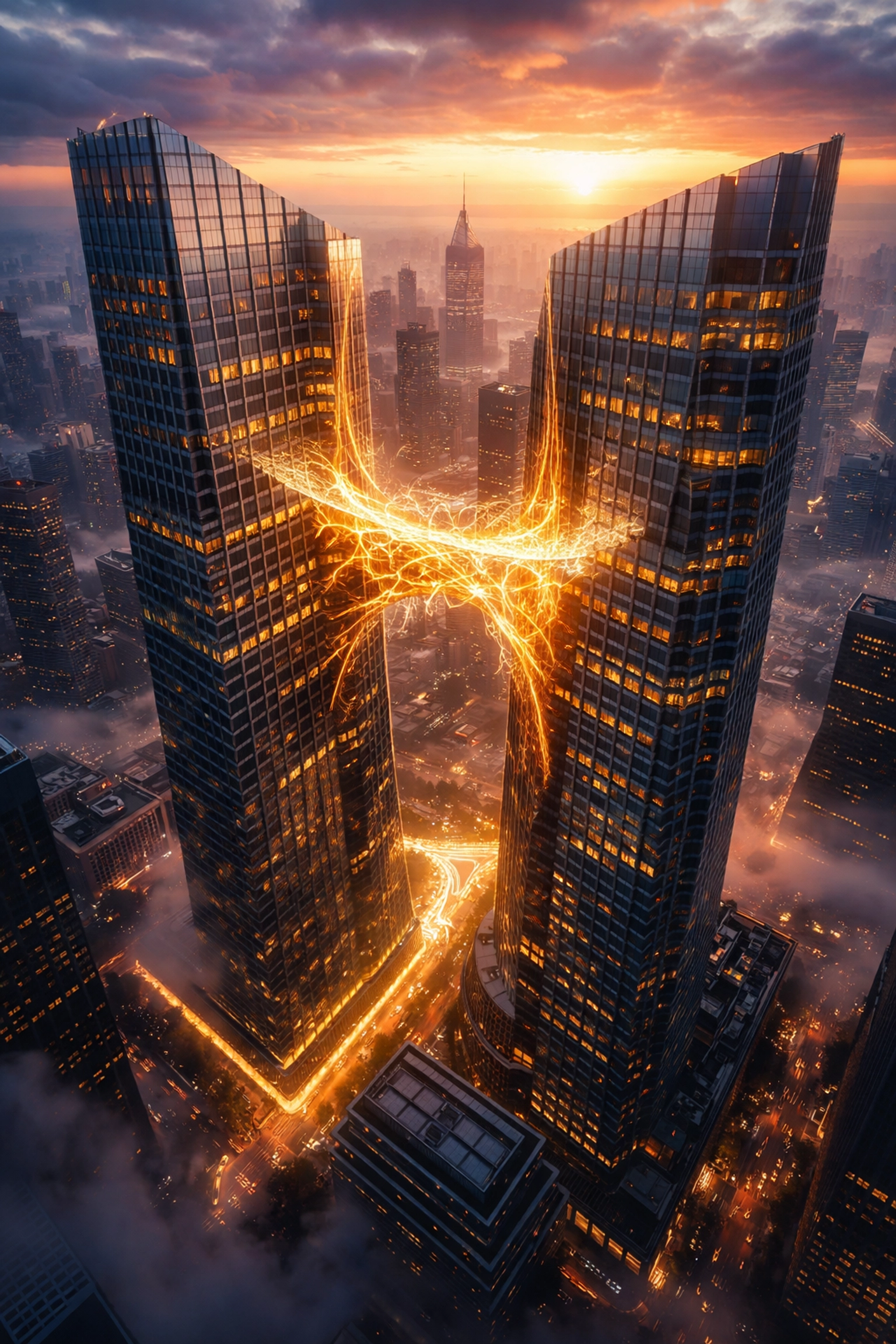 Aerial view of two skyscrapers merging with glowing bridges, symbolizing M&A activity and event-driven investment strategies