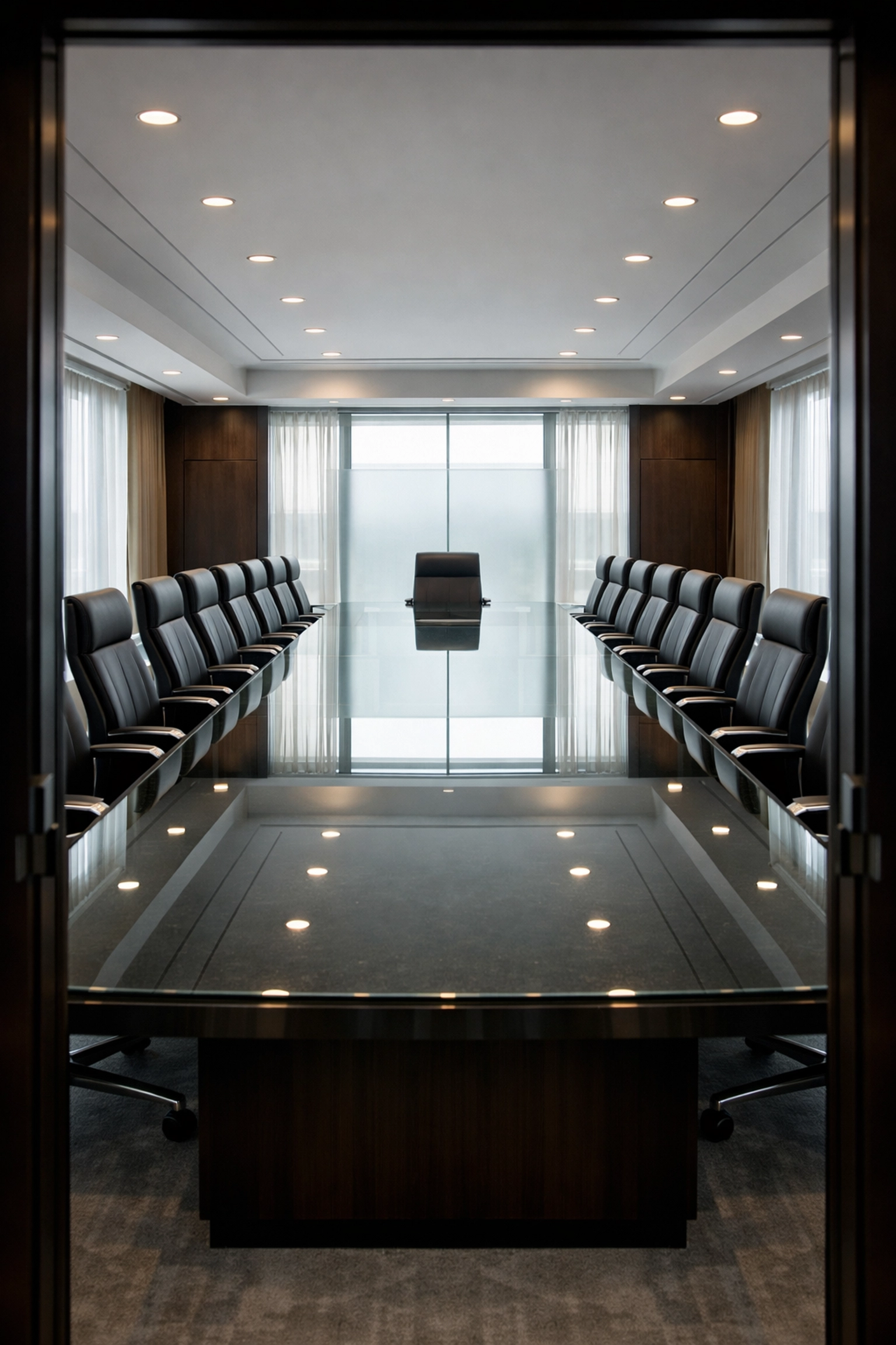 Immaculate executive conference room in Detroit with a polished glass table and clean ergonomic seating.