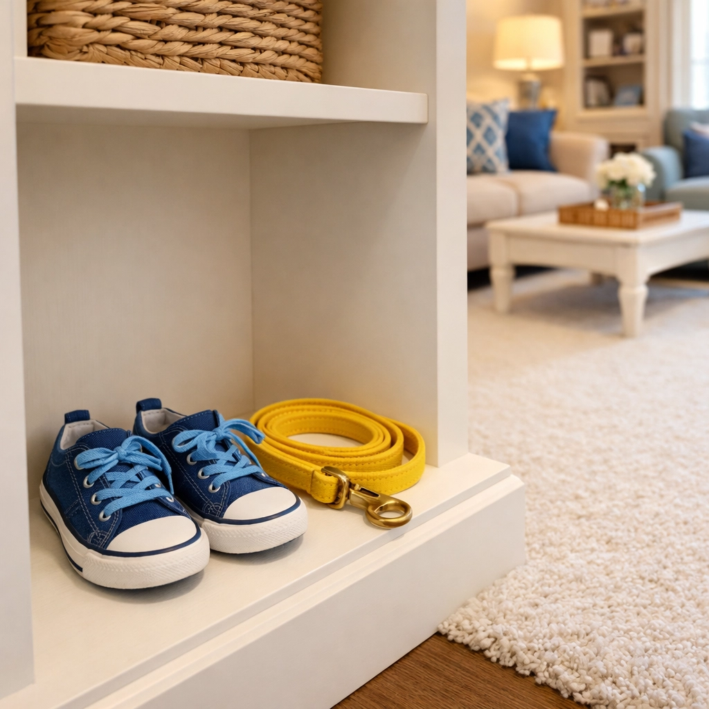 Organized family room with vacuumed carpet showing the benefits of recurring house cleaning in Westborough.