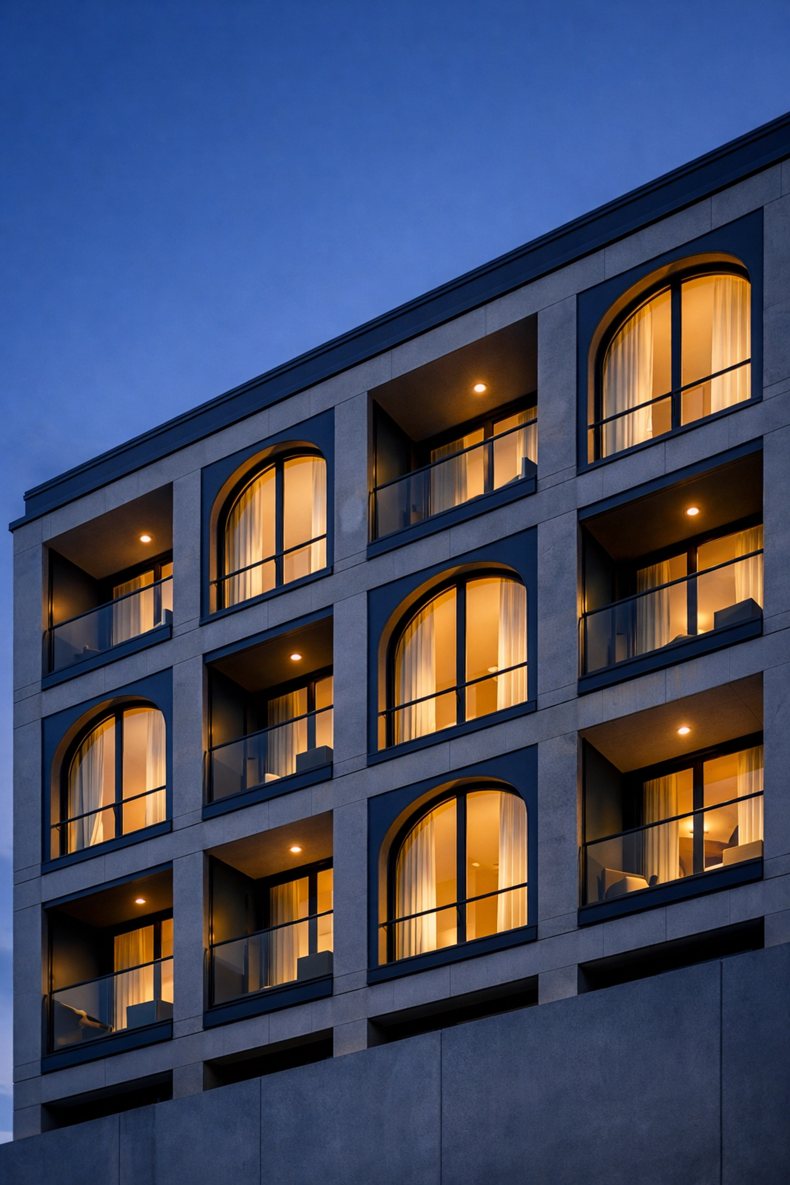 Sophisticated boutique hotel exterior at twilight representing data-driven revenue management strategy.