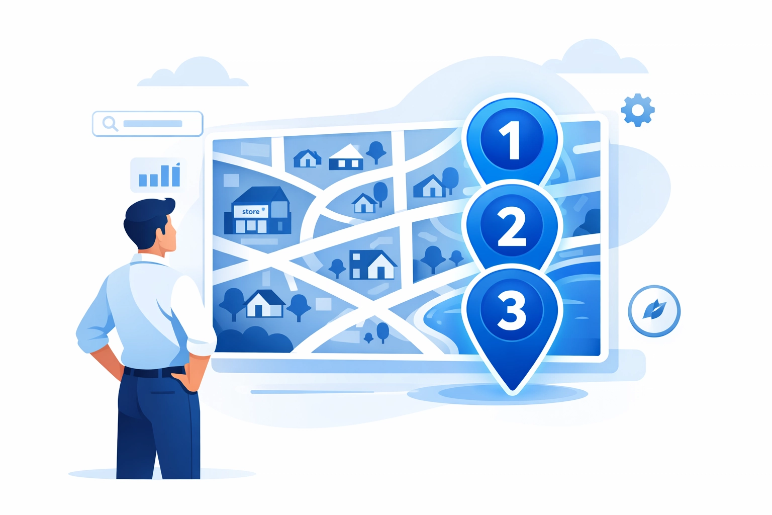 Professional illustration of a digital map showing top three local SEO map pack results for businesses.