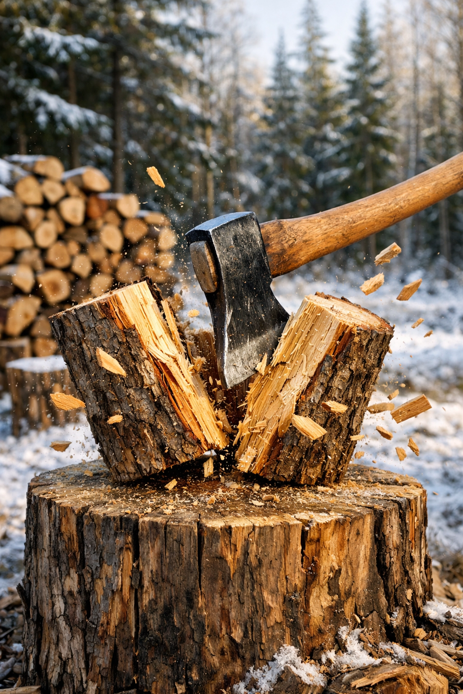 Splitting firewood with axe for winter camping survival skills
