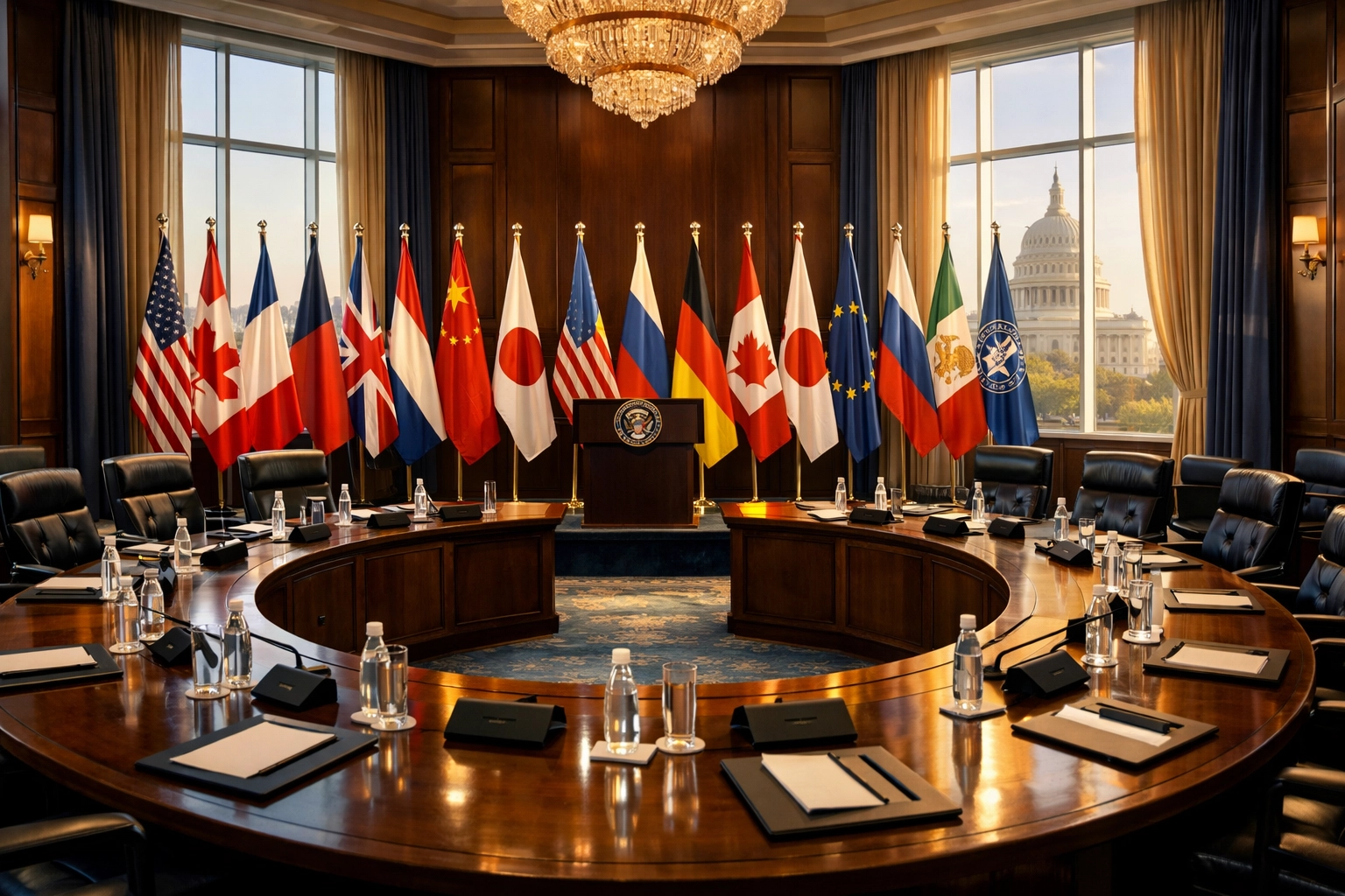 International diplomatic conference room with flags representing Board of Peace Gaza reconstruction meeting