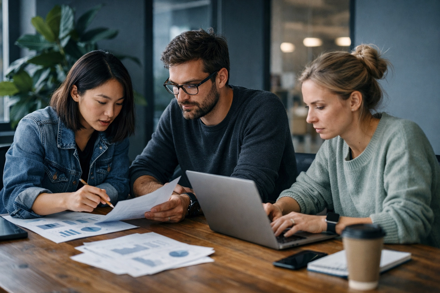 Four team members collaborating around a wooden table