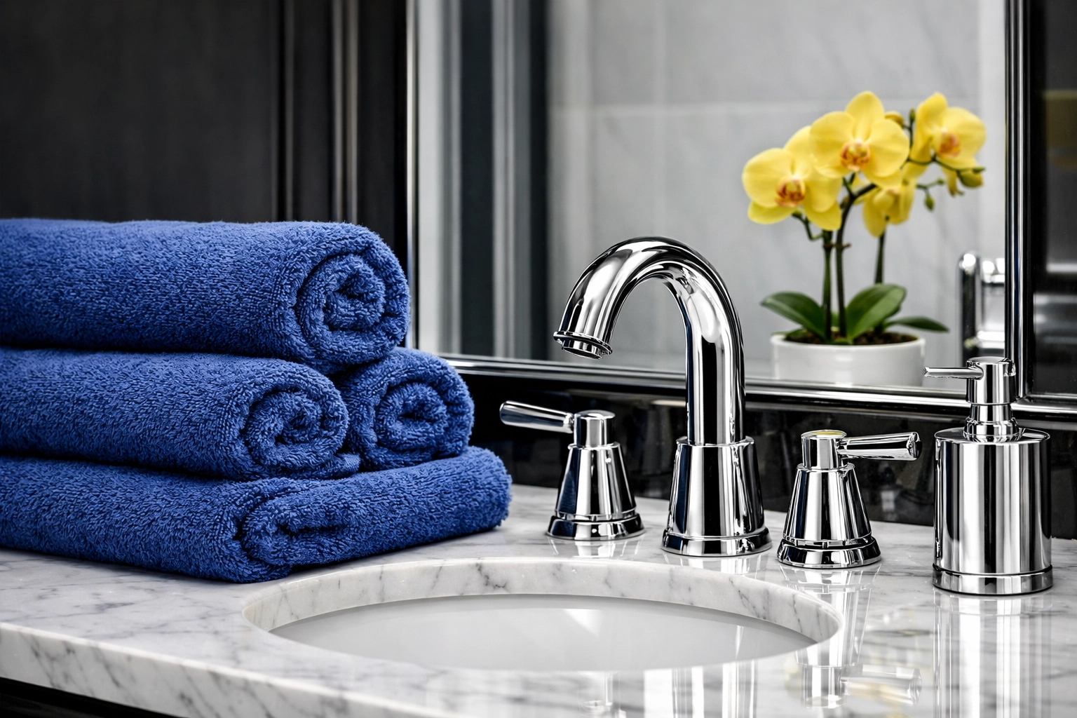 Detail-oriented high-end house cleaning in Andover featuring a polished marble vanity and sparkling fixtures.