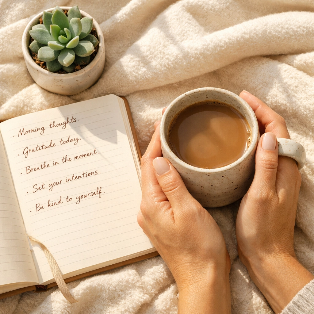 Self-care moment with journal and tea during perimenopause recovery