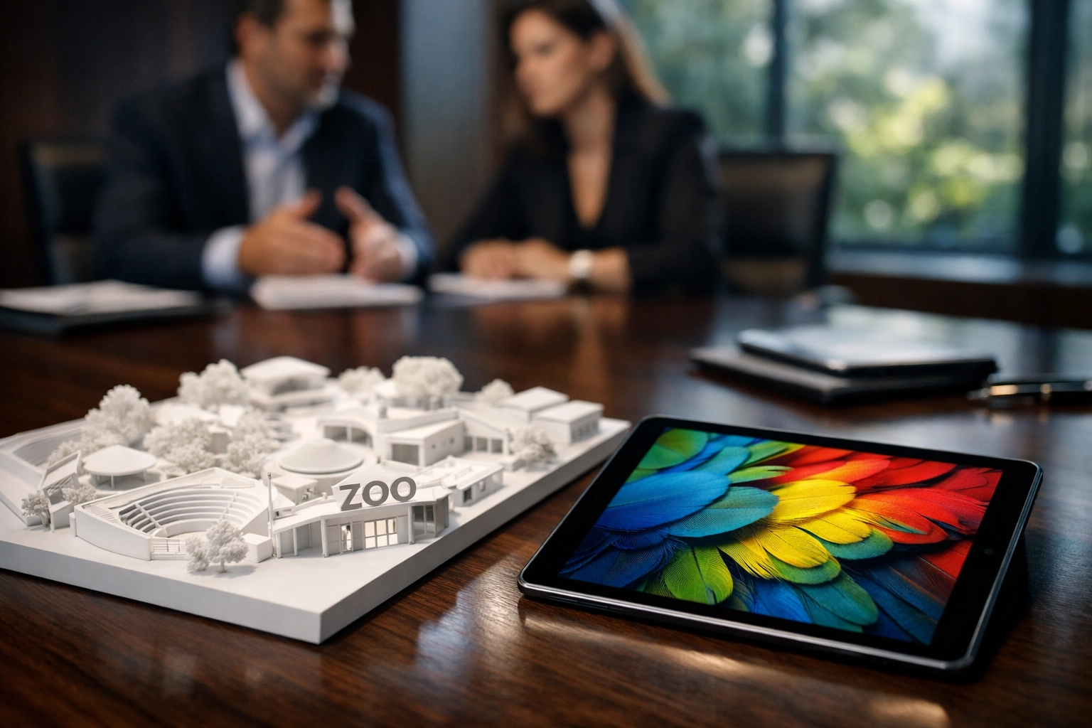 Strategic planning meeting for a zoo brand featuring an architectural model and vibrant wildlife photography.