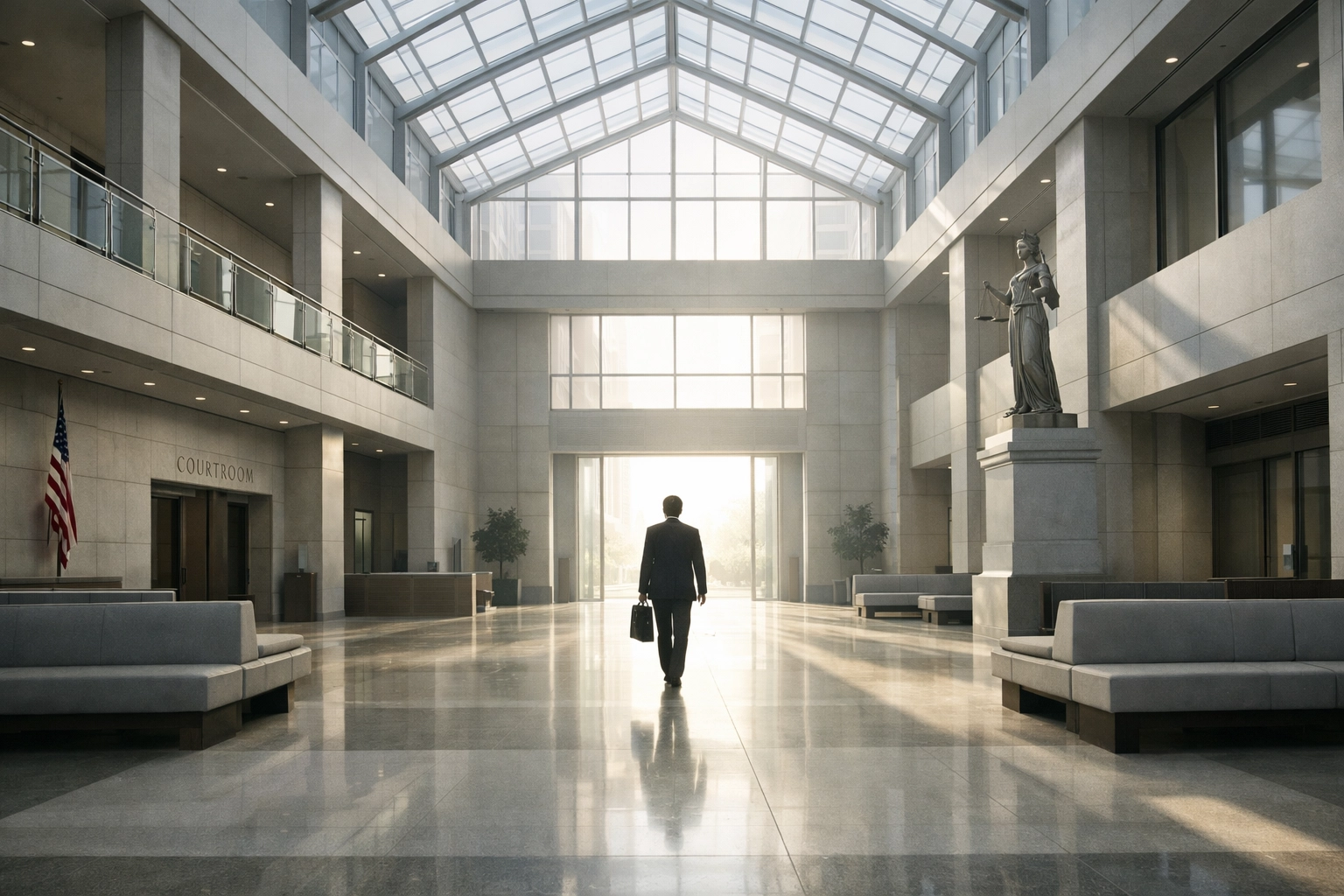 Person walking toward a light-filled courthouse exit, representing successful post-conviction relief and freedom.