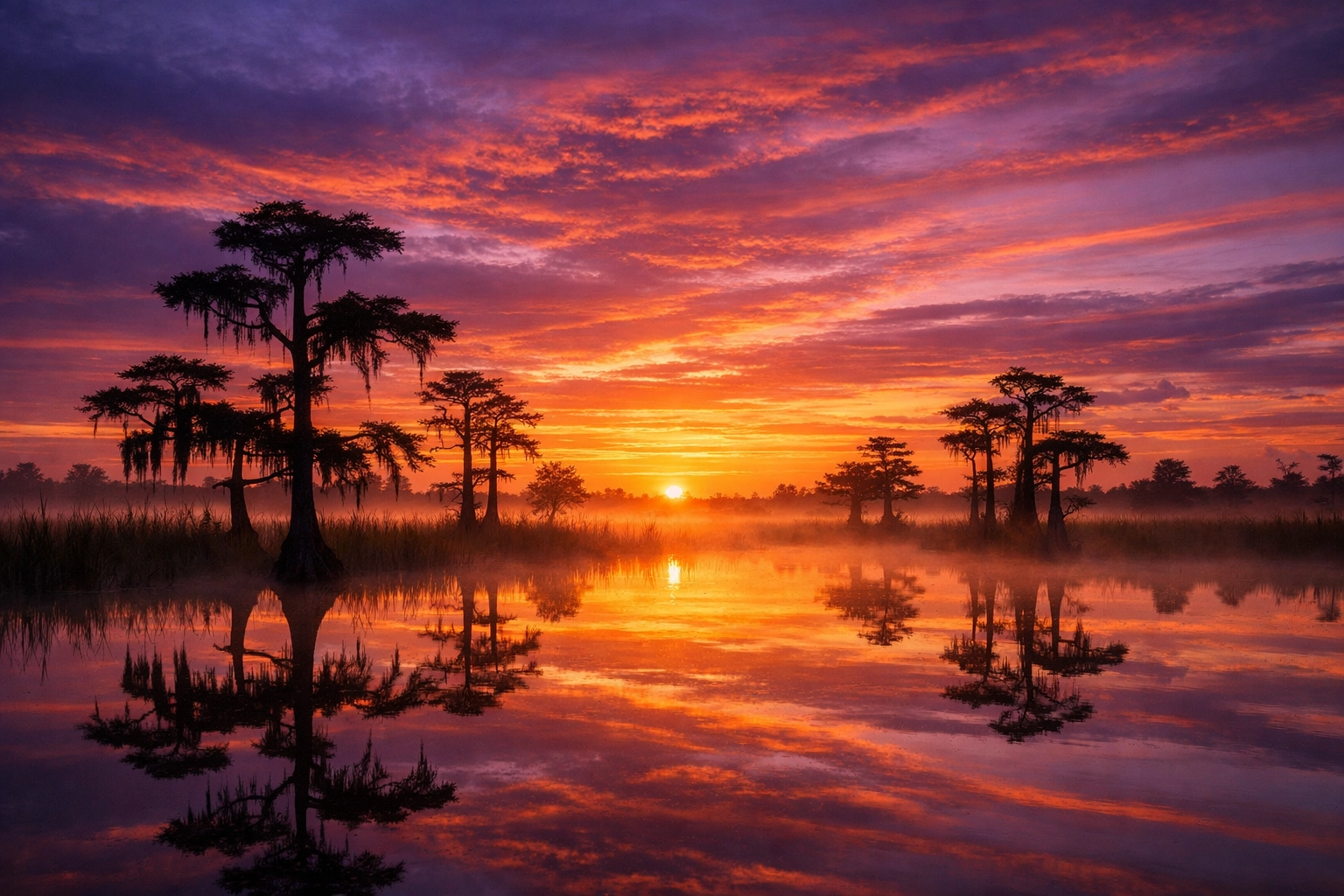 Sunrise landscape of the Everglades River of Grass with mist and colorful sky reflections.