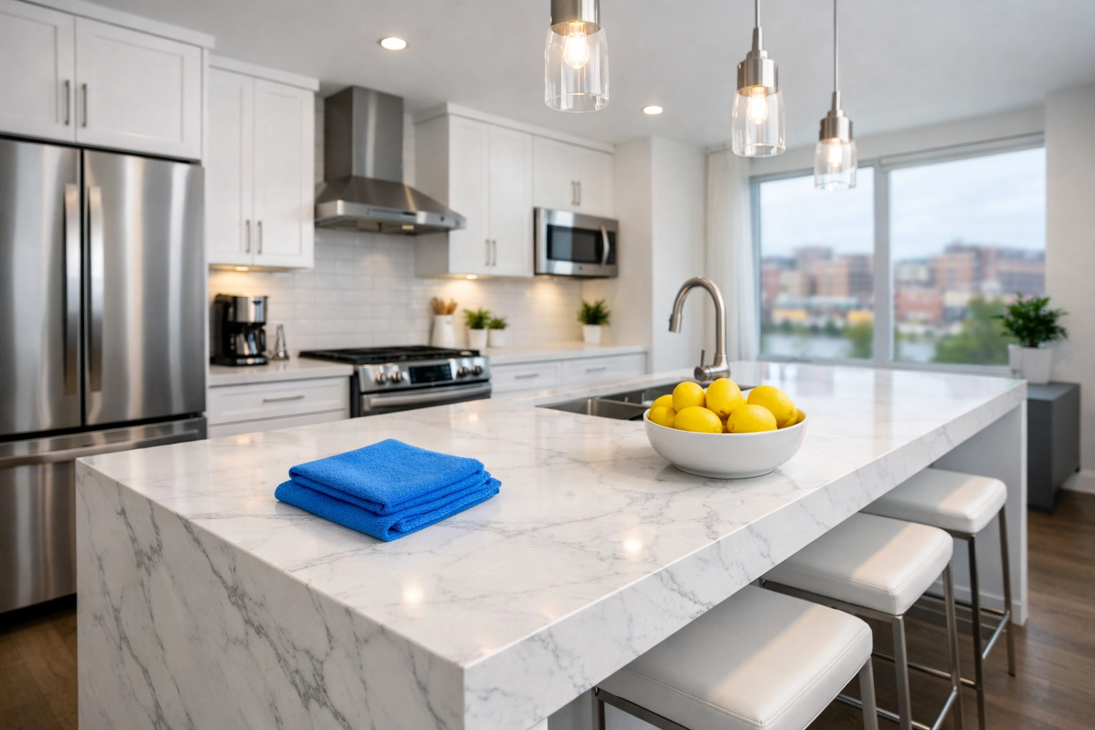 Pristine modern kitchen with marble island cleaned by professional maid services Worcester.